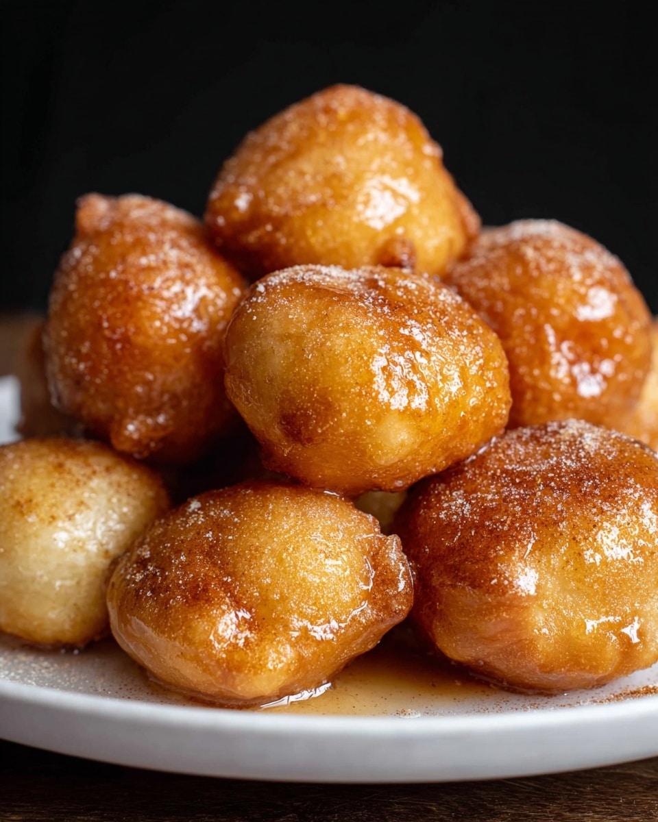 A white plate filled with several golden brown dough balls stacked in a pile, each with a shiny glaze on top that makes them look slightly sticky. One dough ball is held by a fork in front of the plate, showing a soft, fluffy, and airy inside with many small holes. The plate is on a white marbled surface, and the background is solid black, making the warm colors of the dough balls stand out. photo taken with an iphone --ar 4:5 --v 7