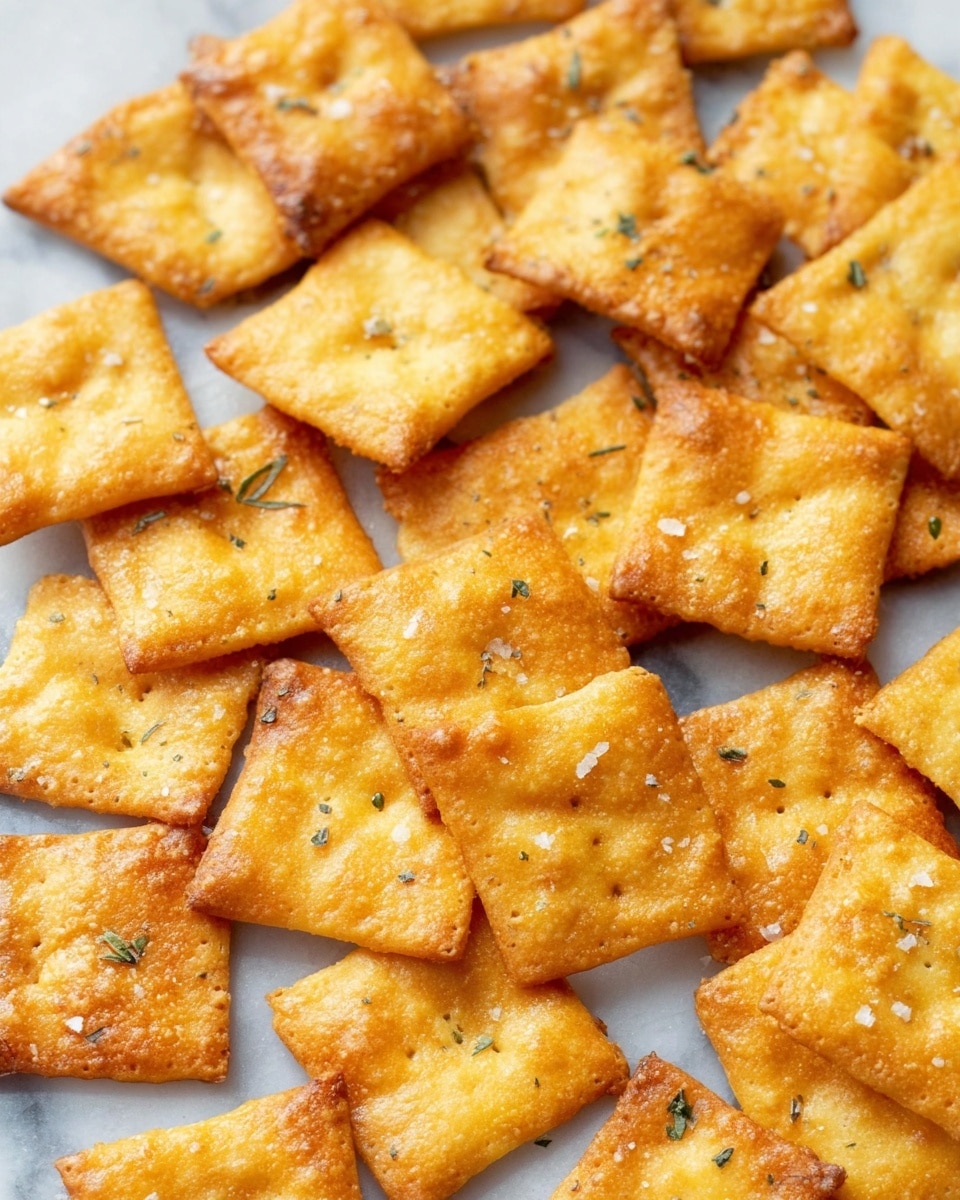 The image shows many square crackers with a golden-brown color, each having slightly puffed edges and a crispy texture. The crackers are sprinkled with small flakes of coarse salt and tiny green herb bits on top. They are scattered randomly on a white marbled surface, some overlapping each other. The lighting highlights the shiny, fried golden tops and the browned, crunchy sides of the crackers. photo taken with an iphone --ar 4:5 --v 7