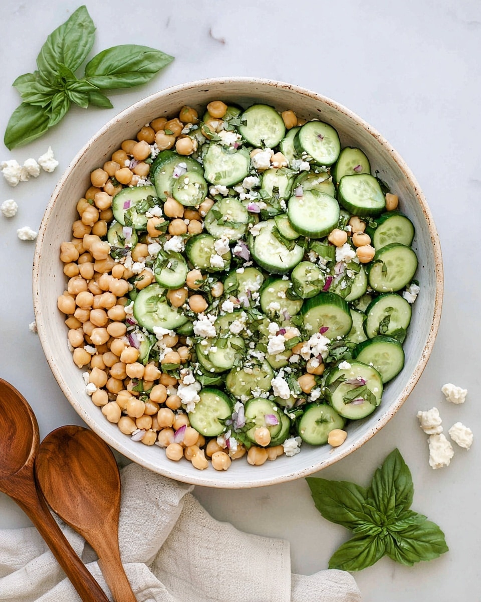 A large white bowl holds a salad with three main layers: the bottom layer is light beige chickpeas, the middle layer is bright green cucumber slices, and the top layer is small bits of white cheese and green herbs scattered evenly. The cucumbers are cut into half-moon shapes, showing their darker green skin and lighter green inside. Fresh green basil leaves sit on top for garnish. Around the bowl, a few white cheese crumbles and green basil leaves are placed on a white marbled surface. Nearby, there are two wooden spoons with a smooth finish and a cloth folded softly. photo taken with an iphone --ar 4:5 --v 7