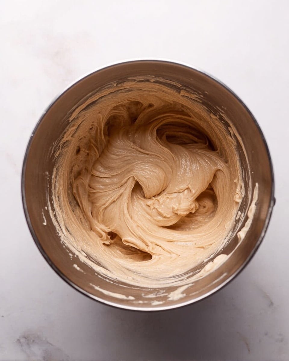 A large metal mixing bowl viewed from above filled with smooth, creamy, light brown batter with visible swirls and soft peaks, some batter is lightly sticking to the sides of the bowl. The bowl is placed on a white marbled surface. Photo taken with an iphone --ar 4:5 --v 7