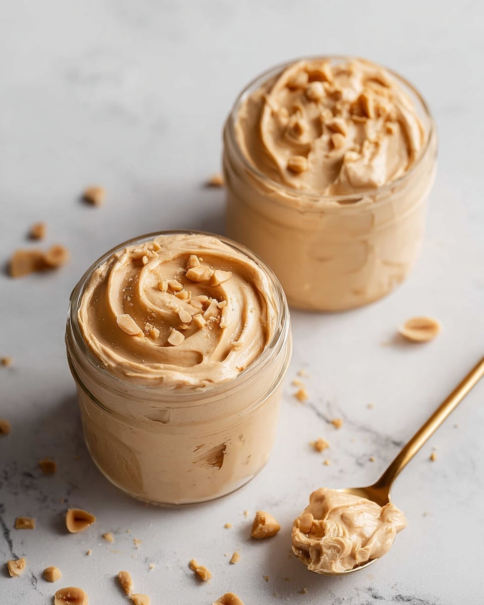 Two clear glass jars filled with smooth, light tan peanut butter cream are placed on a white marbled surface. Each jar has a swirl pattern on top with chopped peanuts sprinkled over the creamy texture. The jars have slight marks and swirls along their sides from spreading. In the lower right corner, a golden spoon holds a dollop of the same peanut butter cream. Small peanut pieces and crumbs are scattered around the jars on the surface. The image has a soft, natural light with a clean, simple look. photo taken with an iphone --ar 4:5 --v 7