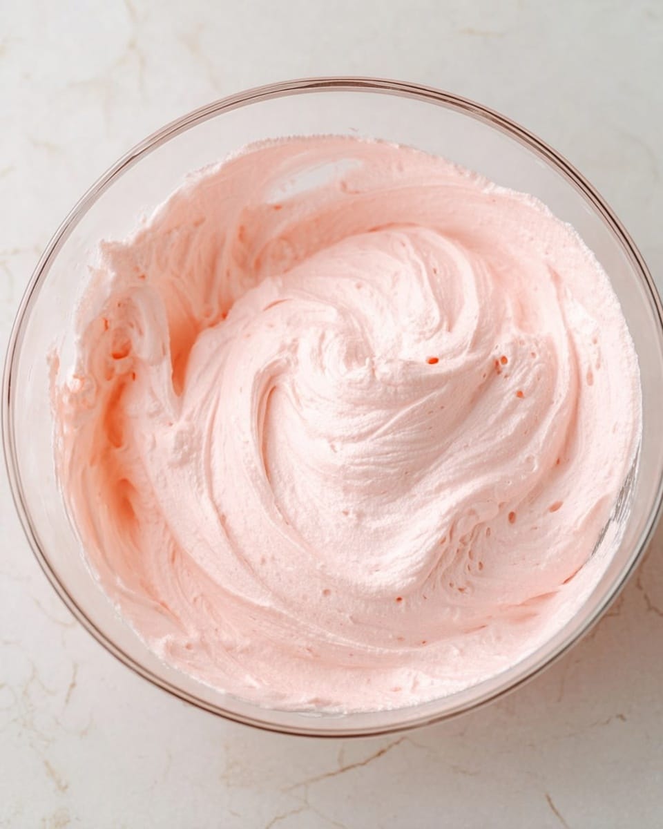 A clear glass bowl filled with one smooth and fluffy layer of light pink whipped cream with a few soft peaks and swirls, sitting on a white marbled surface. The texture looks airy and light, with small air bubbles visible in the creamy mixture. photo taken with an iphone --ar 4:5 --v 7