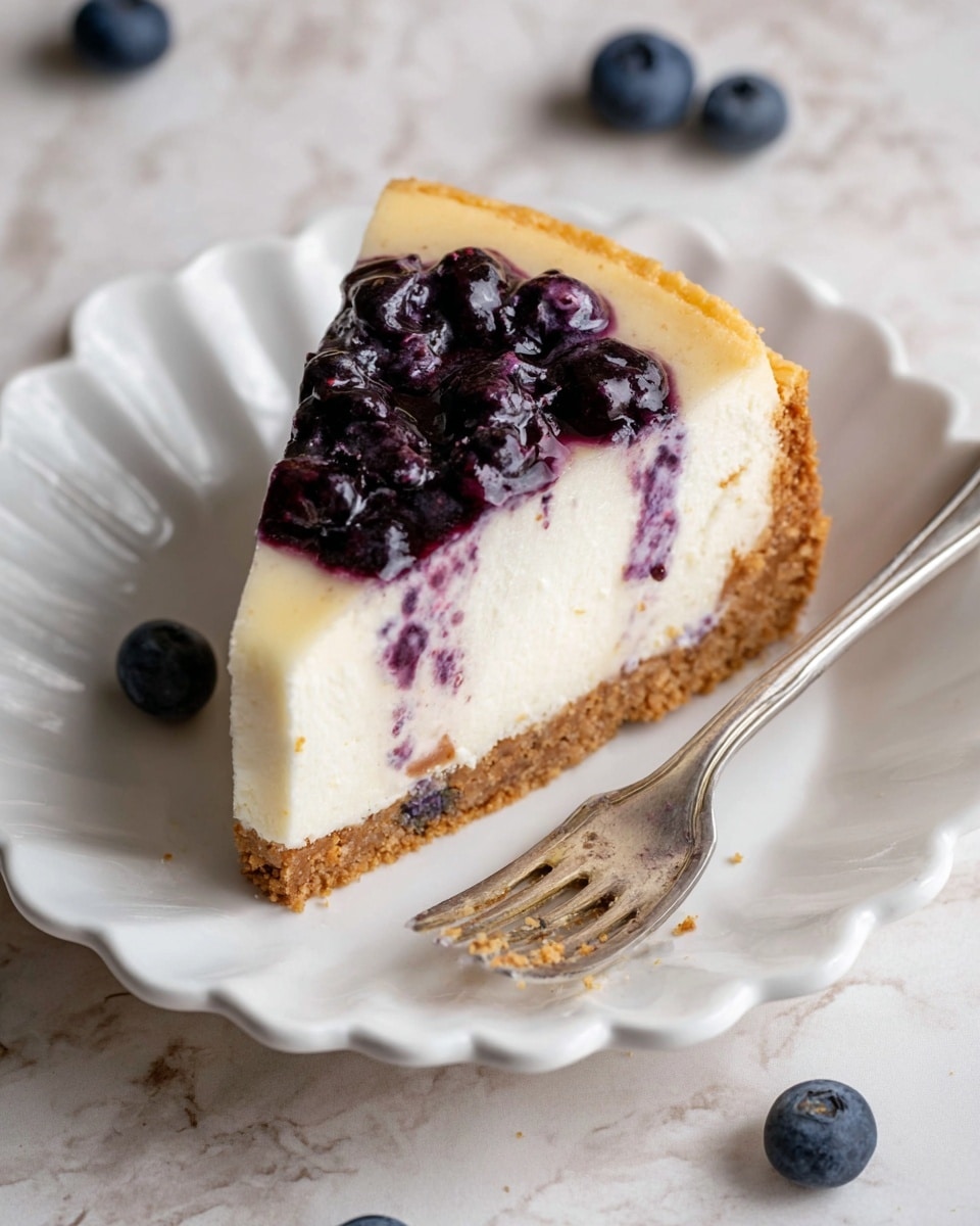 A single slice of cheesecake with three visible layers sits on a white scalloped plate. The bottom layer is a crumbly, golden-brown crust. The middle and thickest layer is smooth, creamy white cheesecake filling. The top layer has a thin spread of purple blueberry sauce with whole blueberries embedded unevenly near the edge. A silver fork rests on the plate beside the slice with traces of blueberry sauce on it. The setting is a white marbled surface with a couple of scattered fresh blueberries around. Photo taken with an iphone --ar 4:5 --v 7