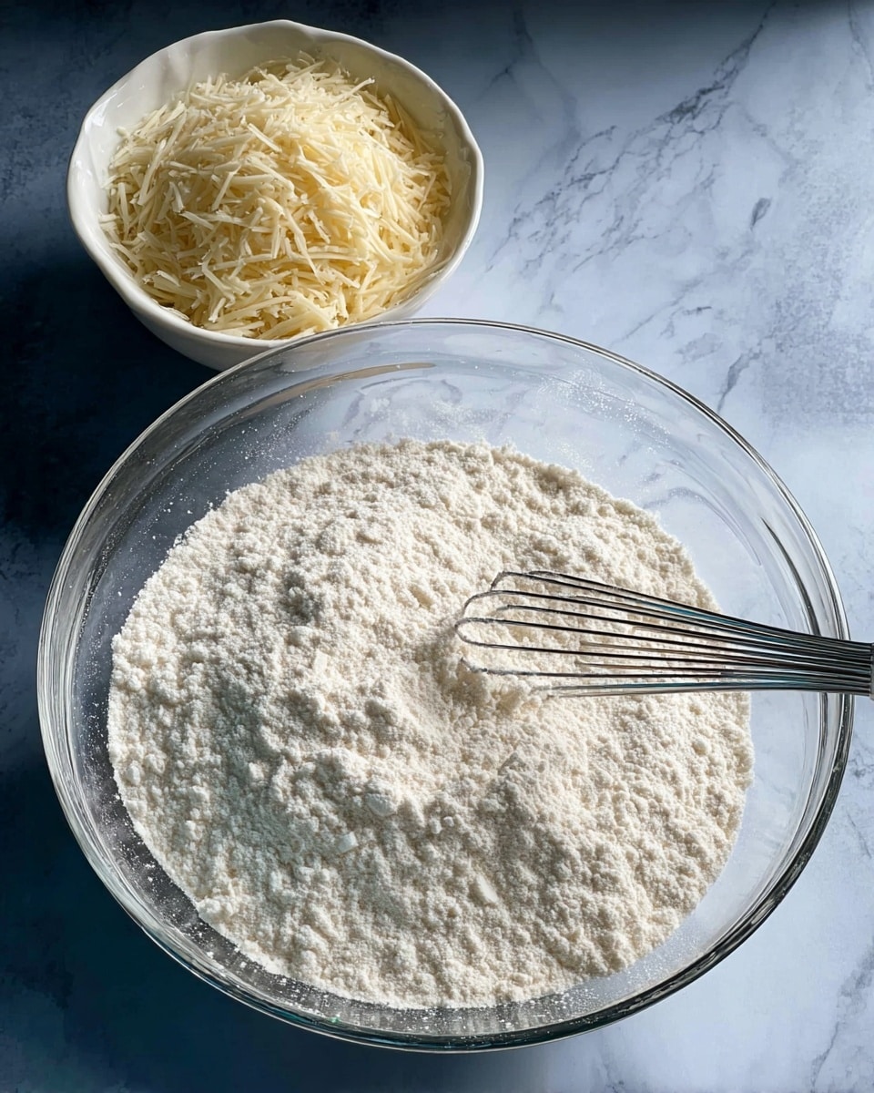 A clear glass bowl filled with a fine, white flour-like powder, with a silver whisk partially submerged in it on the right side; behind this bowl to the right, there is a smaller white bowl filled with thin, light yellow shredded pieces, all placed on a white marbled surface photo taken with an iphone --ar 4:5 --v 7