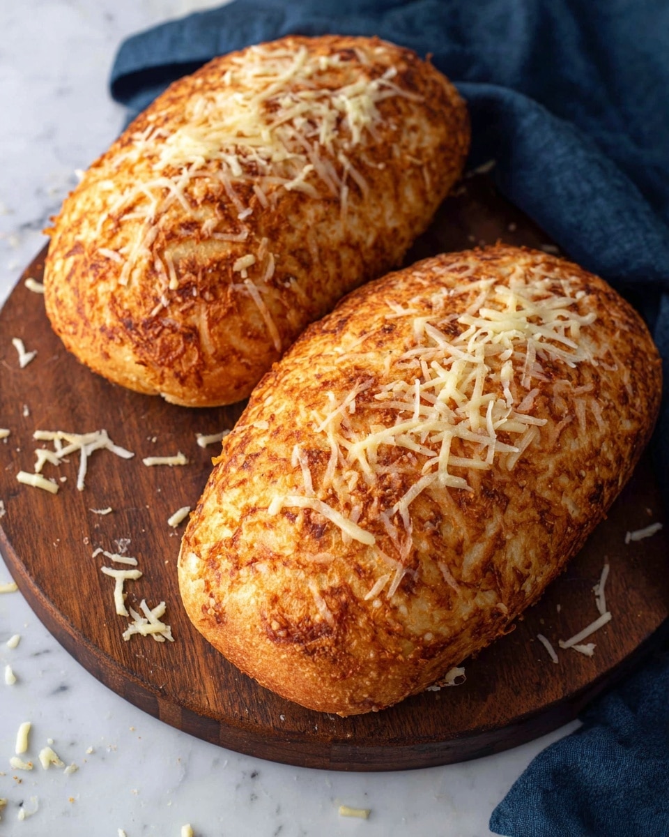 Two golden brown oval loaves of bread are shown on a round wooden board. The top of each loaf is covered with light brown and white shredded cheese that looks slightly crispy. The bread surface is textured with small bumps and cracks, giving it a crunchy appearance. The wooden board has some cheese shreds scattered around. A dark blue cloth is partially seen in the background, all set against a white marbled surface. photo taken with an iphone --ar 4:5 --v 7