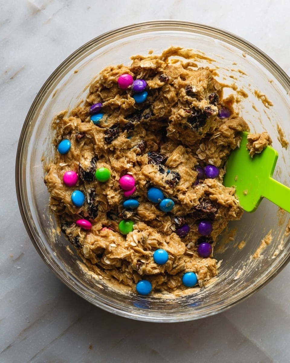 A clear glass bowl filled with thick, sticky oatmeal cookie dough. The dough is light brown and lumpy with visible oats and dark raisins. Scattered on top are colorful small round candies in bright blue, purple, pink, and green. A green spatula is partially submerged in the dough on the right side of the bowl. The bowl rests on a white marbled surface. photo taken with an iphone --ar 4:5 --v 7