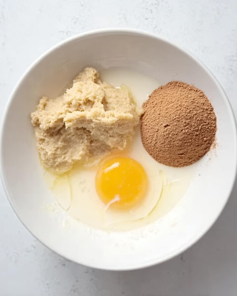 The image shows a white bowl with four separate ingredients inside. On the top left is a light beige thick paste with a rough texture. Below it, slightly to the left center, is a raw egg with a bright yellow yolk and clear egg white around it. To the right of the egg is a smooth, round brown powder mound. At the bottom of the bowl is a small amount of white liquid. The bowl is placed on a white marbled surface. photo taken with an iphone --ar 4:5 --v 7