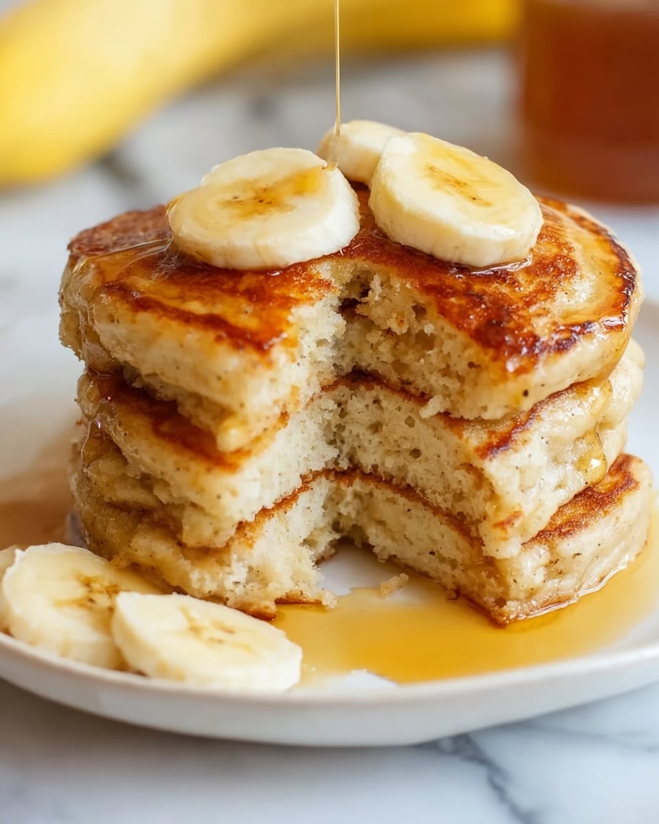 A stack of three thick pancakes with golden-brown edges sits on a white plate placed on a white marbled surface. The pancakes have a soft, fluffy texture and are topped with two round slices of banana. A drizzle of amber-colored syrup runs down the sides of the stack and pools slightly on the plate, where another banana slice rests. The middle pancake is partially cut, showing the light, airy inside layers. The background has blurred hints of bananas and a jar. Photo taken with an iphone --ar 4:5 --v 7
