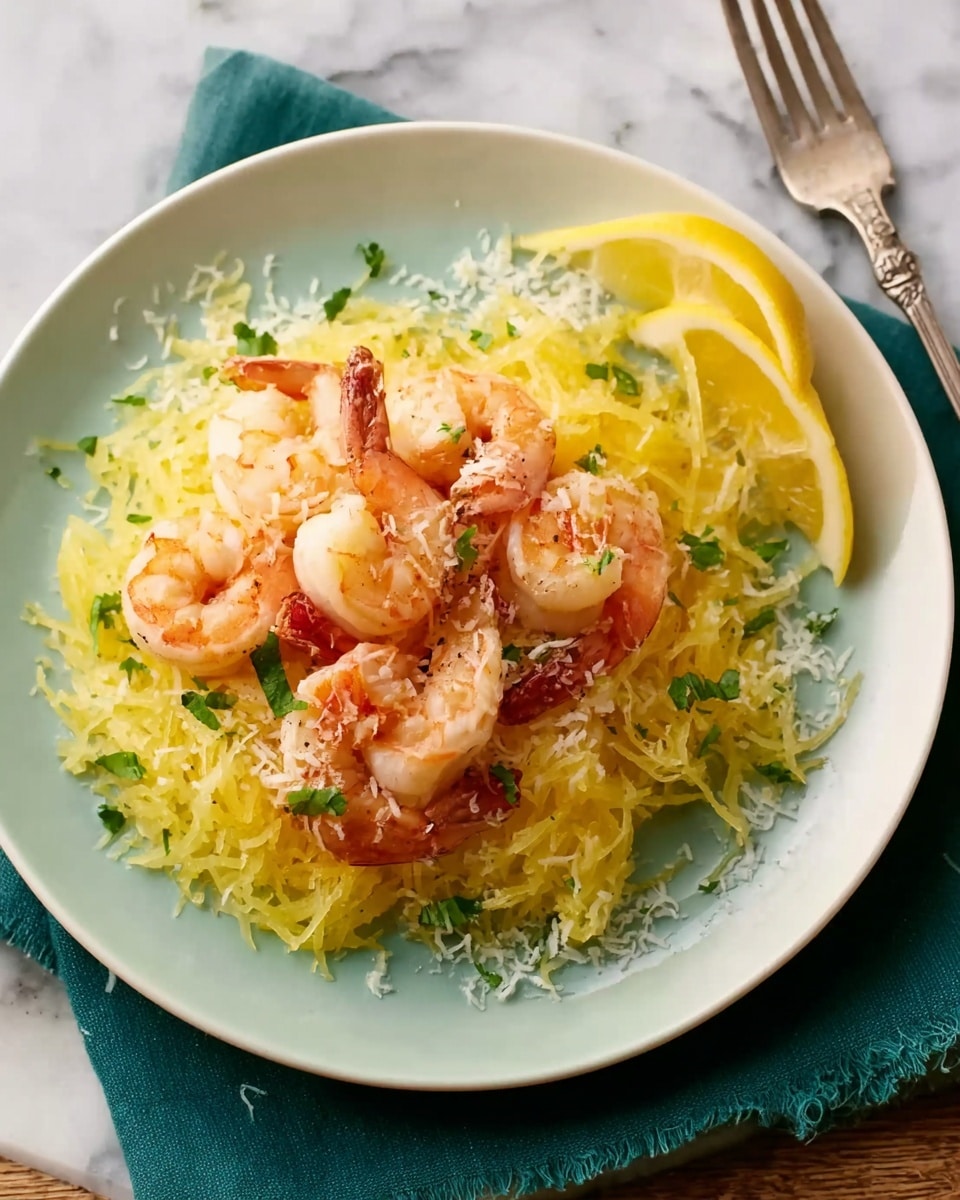 A white plate holds a bed of yellow, thin spaghetti squash strands that form the base layer, sprinkled lightly with green chopped herbs. On top of this are several pink-orange cooked shrimp arranged in a small cluster, their tails visible. Two bright yellow lemon wedges rest on the right side of the spaghetti squash. The dish is sprinkled with white grated Parmesan cheese, adding a textured finish. The plate is set on a white marbled surface with a green cloth and silver fork to the right, and a few cheese flakes scattered around. Photo taken with an iphone --ar 4:5 --v 7