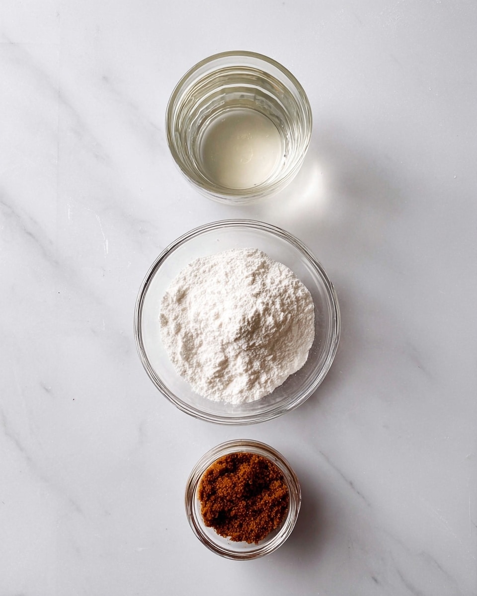 The image shows three ingredients placed in a vertical line on a white marbled surface. At the top is a small glass jar filled with clear liquid, reflecting light softly. In the middle, there is a clear glass bowl filled with a white powder that has a slightly fluffy texture. At the bottom, there is a small glass jar containing a coarse, brown substance with a rich, grainy texture. The setup is simple and clean, with the transparent containers highlighting the distinct colors and textures of each ingredient. photo taken with an iphone --ar 4:5 --v 7