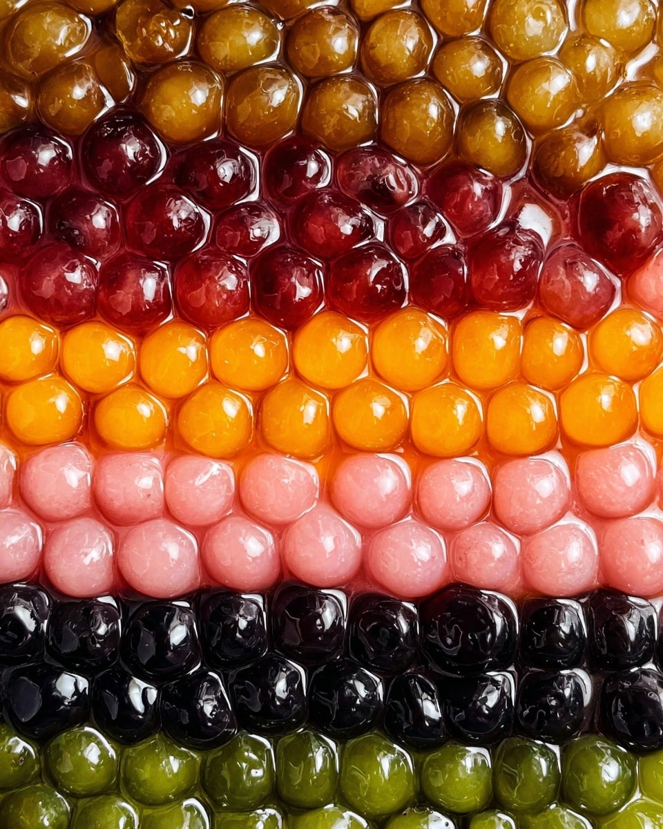 The image shows five layers of shiny tapioca pearls closely packed together. The top layer is light brown with a smooth texture. Below it is a pink layer with a soft, glossy look. The middle layer is bright orange, round, and glossy. The fourth layer is dark green, smooth and shiny. The bottom layer is black and has a shiny, wet look. The pearls are all similar in size and fill the image fully. The background is a white marbled texture. photo taken with an iphone --ar 4:5 --v 7