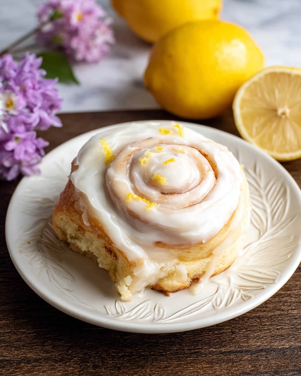 A single cinnamon roll sits on a white plate with an embossed leaf pattern, showing about three visible spiral layers of soft, golden dough topped with a thick swirl of white cream cheese frosting that glistens at the center and edges. Small bits of yellow lemon zest are scattered lightly on the frosting, adding color contrast. The plate rests on a dark wooden surface with two whole bright yellow lemons and a halved lemon in the background, along with two soft purple flowers, all against a white marbled texture. Photo taken with an iphone --ar 4:5 --v 7