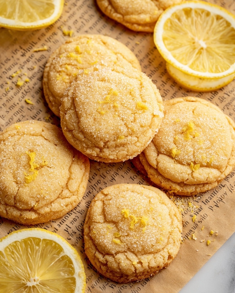 The image shows six round lemon cookies with a slightly cracked and textured golden surface sprinkled with sugar and small pieces of lemon zest. The cookies have a raised, crimped edge that adds detail to their shape. They are arranged closely together on a layer of brown parchment paper with printed text. Around the cookies, there are four lemon halves with bright yellow flesh, placed directly on the paper. The whole scene is set on a white marbled textured surface. photo taken with an iphone --ar 4:5 --v 7