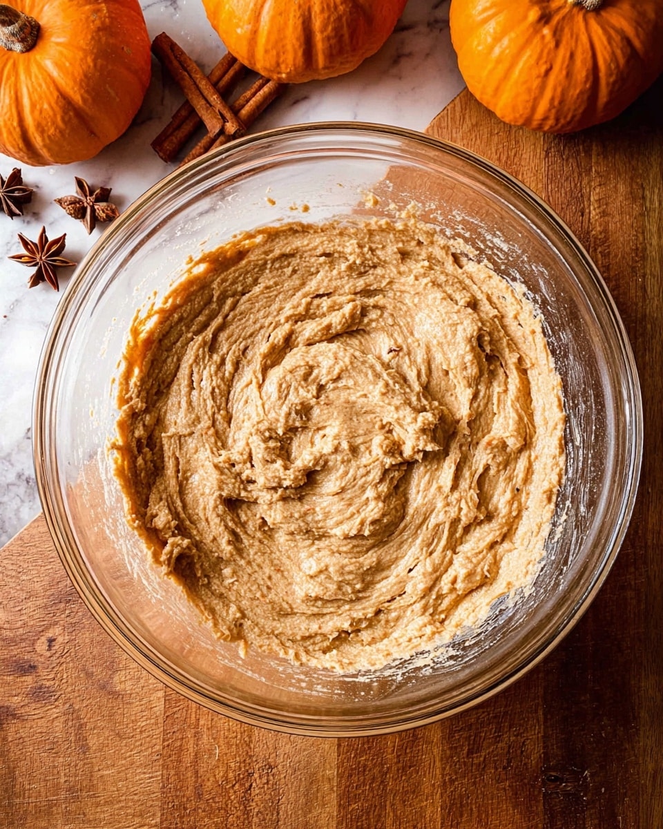 A clear glass bowl is filled with a single thick layer of tan-colored batter with a rough, swirled texture spread evenly inside. The bowl sits on a wooden surface, but the background has been changed to a white marbled texture, and around the bowl, there are two bright orange pumpkins and cinnamon sticks along with star anise pieces placed near the top left edge. Photo taken with an iphone --ar 4:5 --v 7