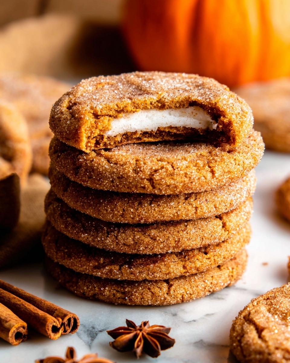 A stack of seven brown cookies with a rough sugar-coated texture sits on a white marbled surface, with the top cookie having a bite taken out, revealing a white, soft filling inside. The cookies look soft and thick, layered evenly, and have a warm, cinnamon color. Around the stack, there are cinnamon sticks and star anise pieces adding to the autumn feel, with an orange pumpkin blurred in the background. photo taken with an iphone --ar 4:5 --v 7