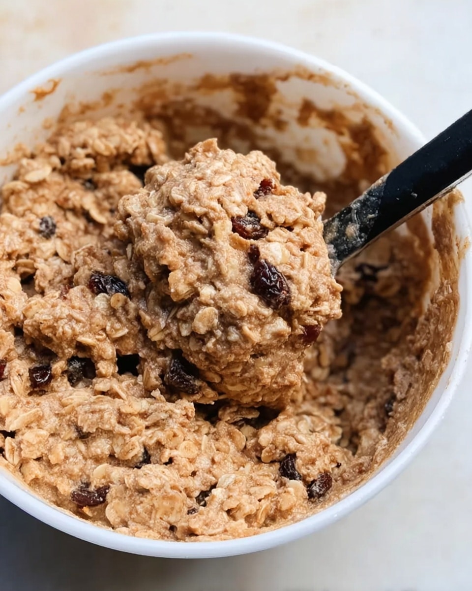 The image shows a white bowl filled with a thick mixture of oatmeal and raisins, with visible oats giving a rough and chunky texture. A black spoon is partially buried in the mixture, lifting some of the oats and raisins from the bowl. The oatmeal mixture has a light brown color with some darker spots where raisins are mixed in. The bowl rests on a white marbled surface, adding a clean background to the scene. Photo taken with an iphone --ar 4:5 --v 7