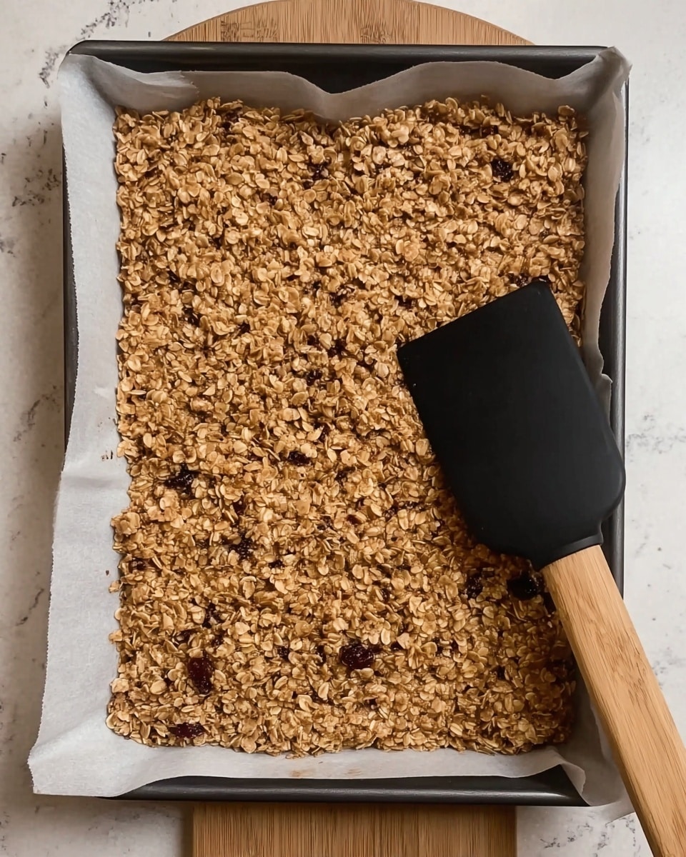 A baking tray lined with white parchment paper holds a thick, even layer of golden brown oat mixture with visible small fruit pieces scattered throughout; a black spatula with a light wooden handle rests on the oat mixture in the bottom right corner of the tray; the tray sits on a white marbled surface with a light wood pattern visible beside it; the oat layer has a coarse texture with small clusters and a slightly rough surface photo taken with an iphone --ar 4:5 --v 7