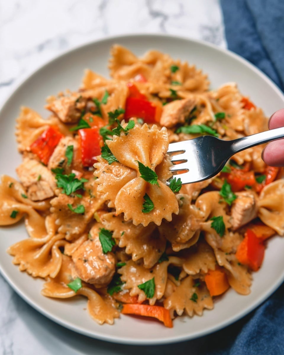 This image shows a close-up of a dish with several layers. The bottom layer is a bed of light orange creamy sauce coating many pieces of bowtie pasta, each piece with a smooth texture and slight folds. On top of the pasta are chunks of light brown cooked chicken and pieces of red and orange bell peppers that add bright color and a slightly soft texture. There are small green parsley leaves scattered over the dish, adding a fresh look. The pasta and toppings are served on a white plate, sitting on a white marbled surface. A silver fork with some of the pasta, chicken, peppers, and parsley is held above the plate by a woman's hand. The photo taken with an iphone --ar 4:5 --v 7