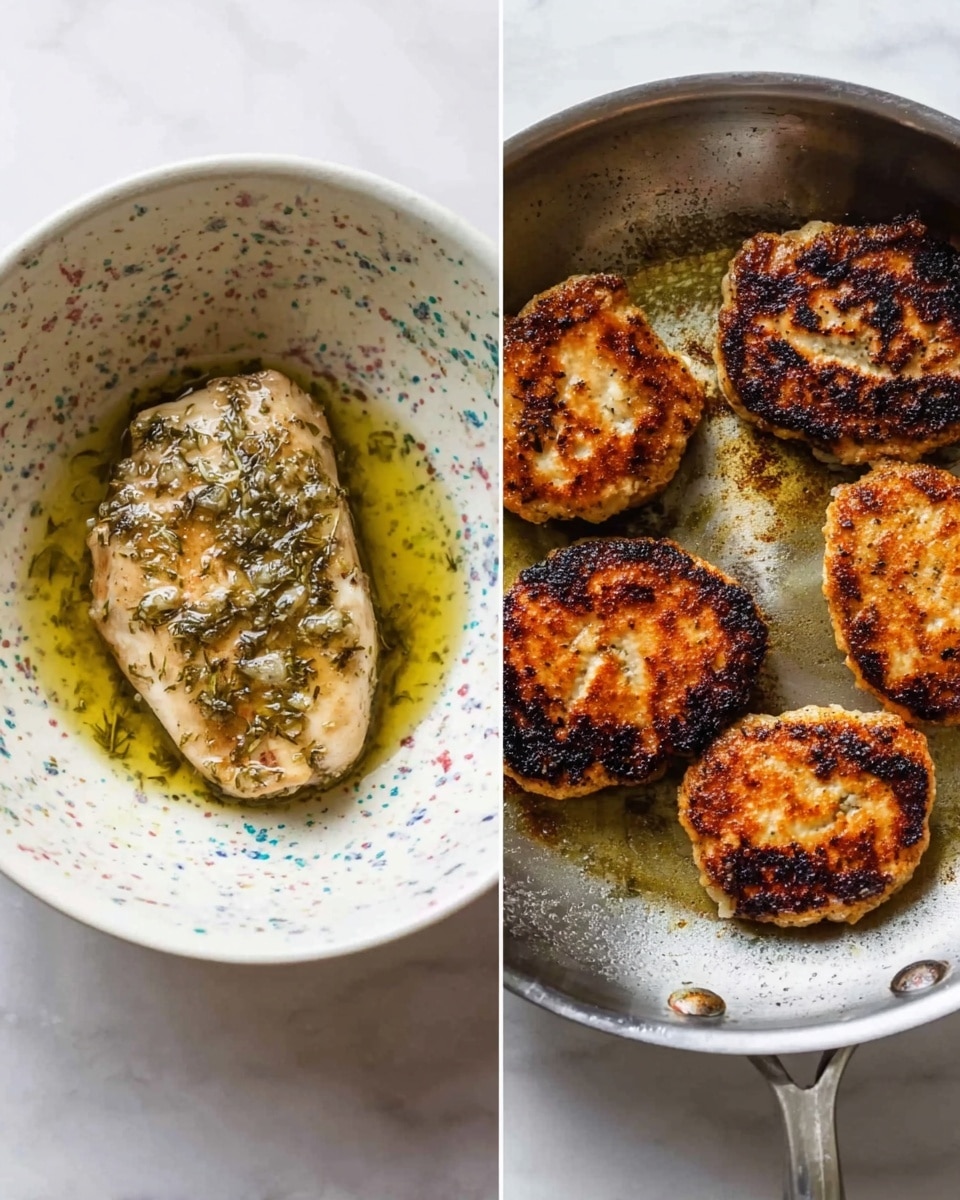 The image shows two side-by-side photos. On the left, there is a white bowl with colorful speckles filled with a pale pink chicken fillet covered in green herb marinade, glossy and sitting flat inside the bowl. The bowl is placed on a white marbled surface. On the right, four browned patties with a crispy dark crust on the edges fry in a stainless steel pan with a little oil, the patties showing a light golden brown color with some darker spots. The pan rests on the same white marbled surface. Photo taken with an iphone --ar 4:5 --v 7