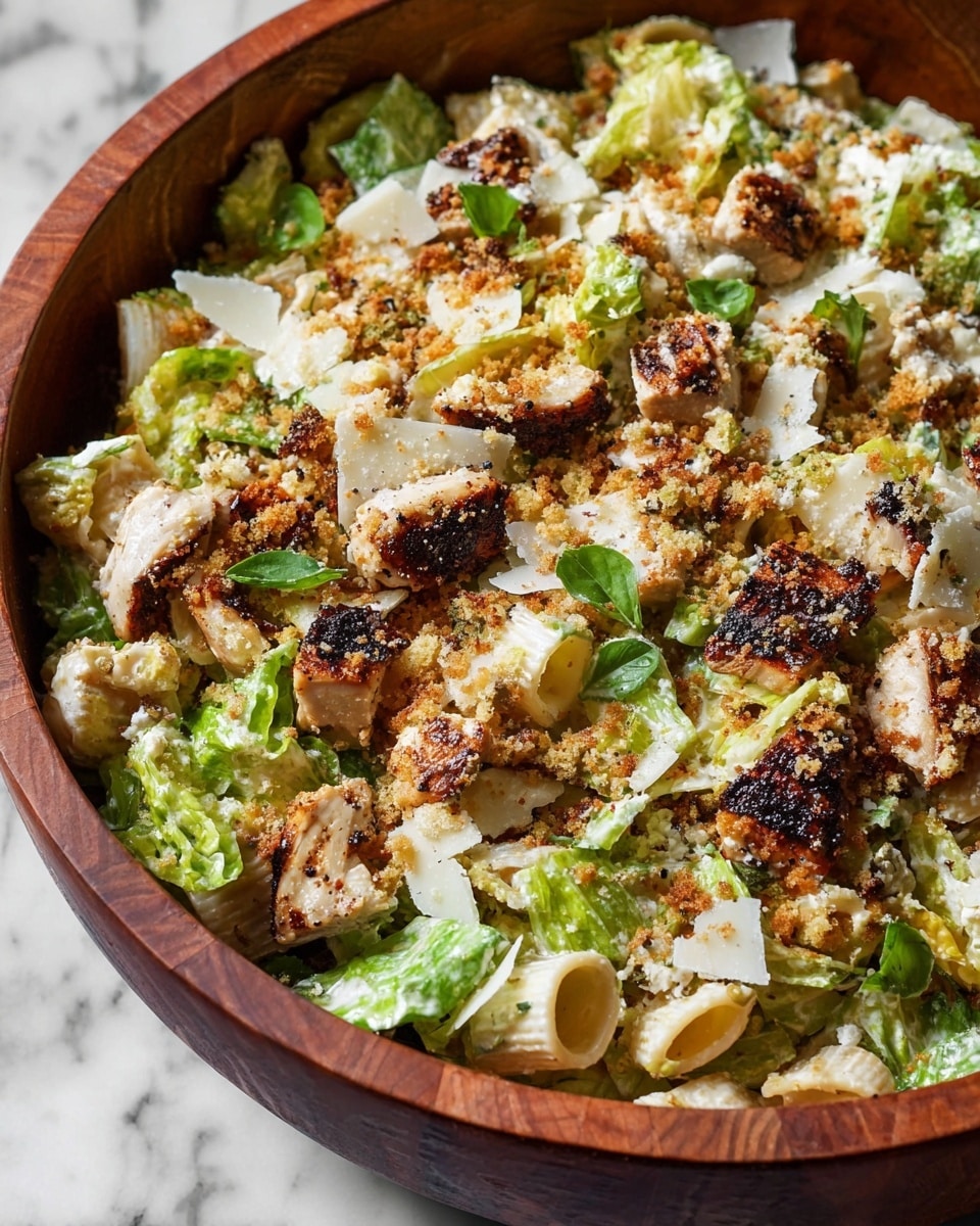 The dish is a large wooden bowl filled with a mixed green salad base of chopped romaine lettuce, layered with chunks of grilled, browned chicken that have dark char marks. Scattered throughout are white pasta pieces shaped like short tubes. The salad is topped with shaved white cheese flakes, small fresh green basil leaves, and a sprinkling of golden brown toasted crumbs, all sitting on a white marbled surface. photo taken with an iphone --ar 4:5 --v 7