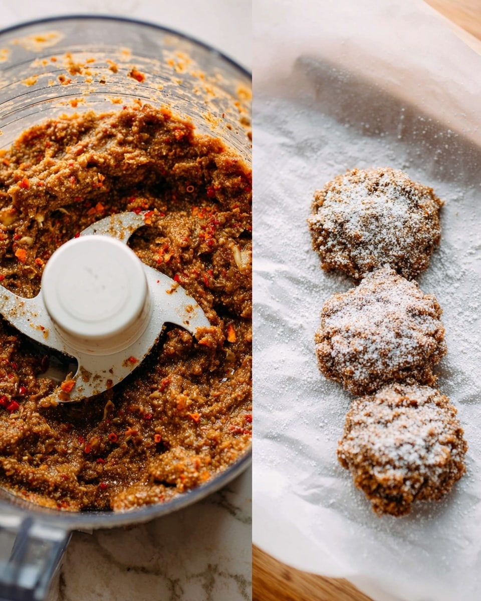 The image shows two parts: on the left, a food processor bowl filled with a thick, chunky brown mixture with small bits of orange and red visible throughout, and a white blade in the center; on the right, three rough, round cookie-like shapes made from the mixture are placed in a row on white parchment paper, each lightly dusted with white powder, sitting on a white marbled surface with soft, natural light. photo taken with an iphone --ar 4:5 --v 7