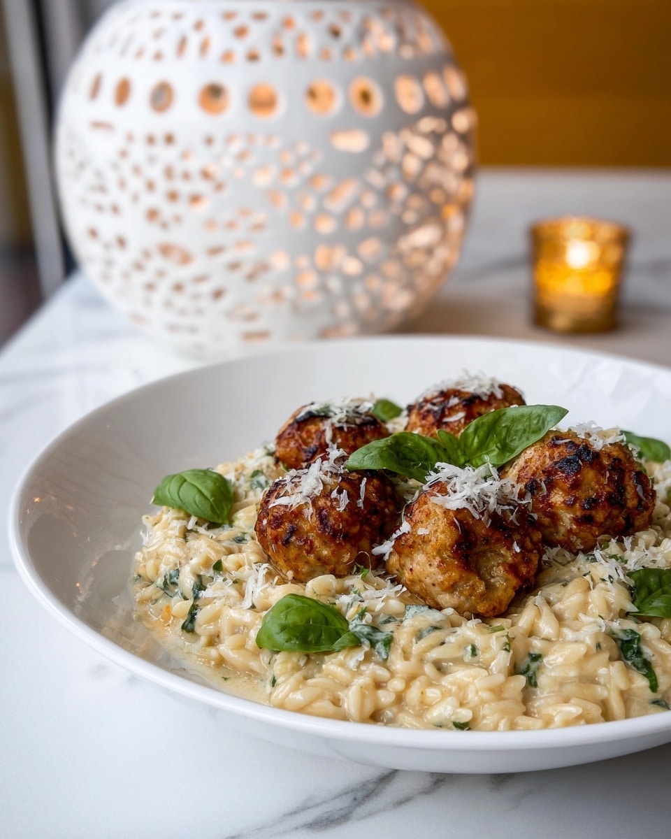 A white round plate holds a creamy orzo pasta as the first layer, with a smooth texture and light beige color mixed with small green herb pieces. On top are golden brown meatballs browned slightly on the outside with a slightly rough texture, arranged in a tight cluster in the center. The meatballs are sprinkled with finely grated white cheese and scattered fresh bright green basil leaves. The plate is placed on a white marbled surface, with a white spherical lantern with holes and a small gold candle holder blurred in the background. Photo taken with an iphone --ar 4:5 --v 7