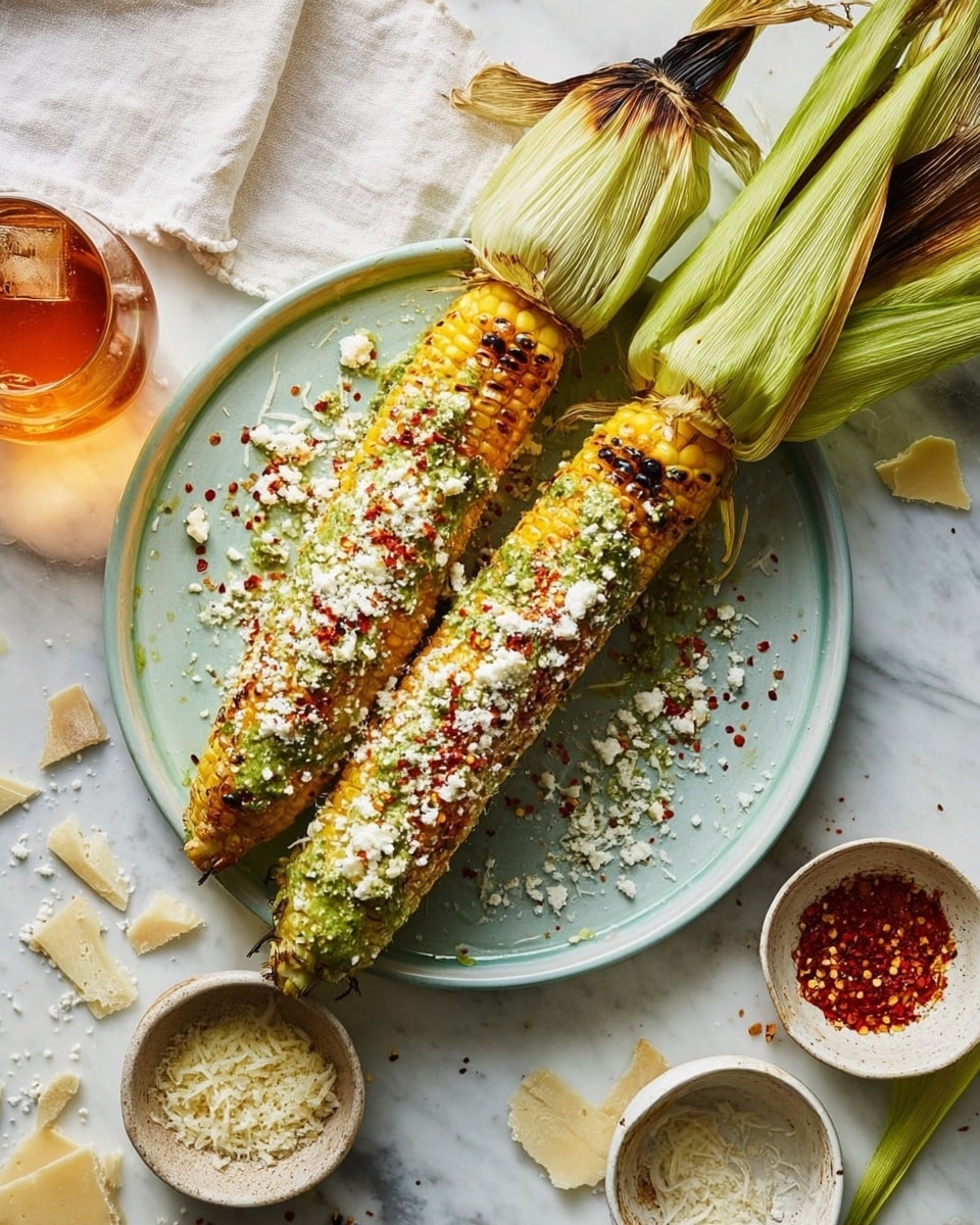 The image shows four corn cobs arranged on a white rectangular tray and one corn cob on a white plate, all with green husks tied at the top. Each corn cob is coated in layers, starting with golden yellow kernels showing through a green seasoning layer, followed by a generous sprinkle of white cheese and red chili flakes on top. The tray and plate sit on a white marbled surface. Around them are two bottles of amber-colored drink, a glass with a pink drink containing ice, a small bowl of grated cheese, and a white cloth napkin. The scene is bright with natural light, emphasizing the colors and textures. photo taken with an iphone --ar 4:5 --v 7