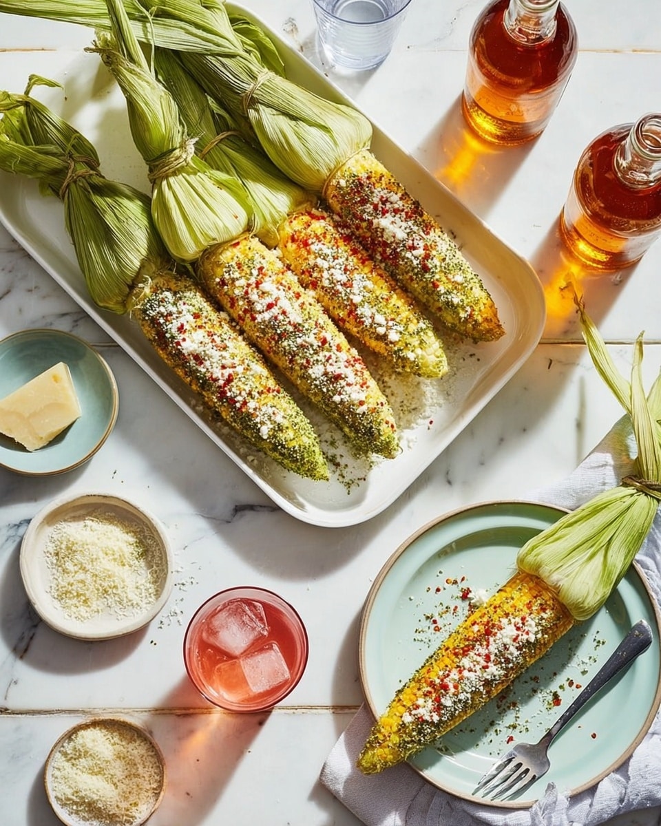 Two grilled corn on the cobs are placed side by side on a round white plate with green husks tied at the end, slightly charred yellow kernels are covered with a green sauce layer, sprinkled with white cheese crumbles and red chili flakes. The plate sits on a white marbled surface scattered with cheese bits. Around the plate are small bowls, one filled with white grated cheese and one with red chili flakes, and a glass bottle and half-filled glass of amber drink. A woman's hand holds a glass of the same amber liquid at the top left, next to a white cloth napkin. Photo taken with an iphone --ar 4:5 --v 7