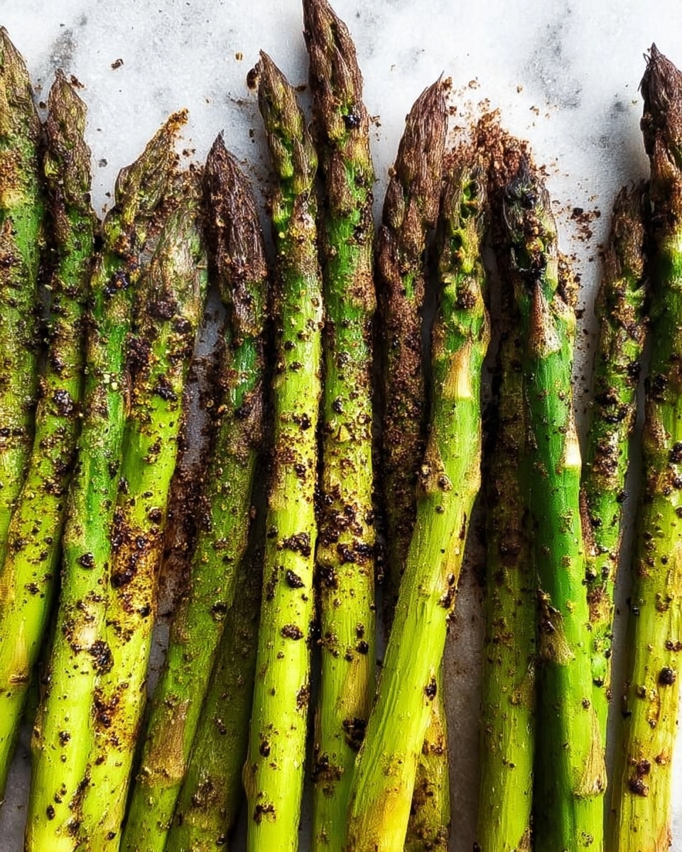 A row of grilled asparagus spears lies flat on a white marbled surface, each spear showing a slightly charred, dark brown texture on parts of the bright green stalks. The tips of the asparagus are darker green with hints of brown from grilling, and small blackened seasoning bits are scattered evenly on and around them. The spears are laid close together, all pointing upwards with some slight variation in thickness and length photo taken with an iphone --ar 4:5 --v 7