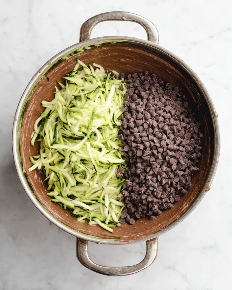 A metal bowl with two handles holds a mixture with three main layers. The bottom layer is smooth chocolate brown batter covering the whole bowl base. On top of this batter, on the left side, there is a pile of shredded green zucchini with visible dark green skin strips and a moist texture. On the right side of the batter, there is a mound of small dark brown chocolate chips, slightly rounded and densely packed on top of the batter. The bowl is placed on a white marbled surface. photo taken with an iphone --ar 4:5 --v 7
