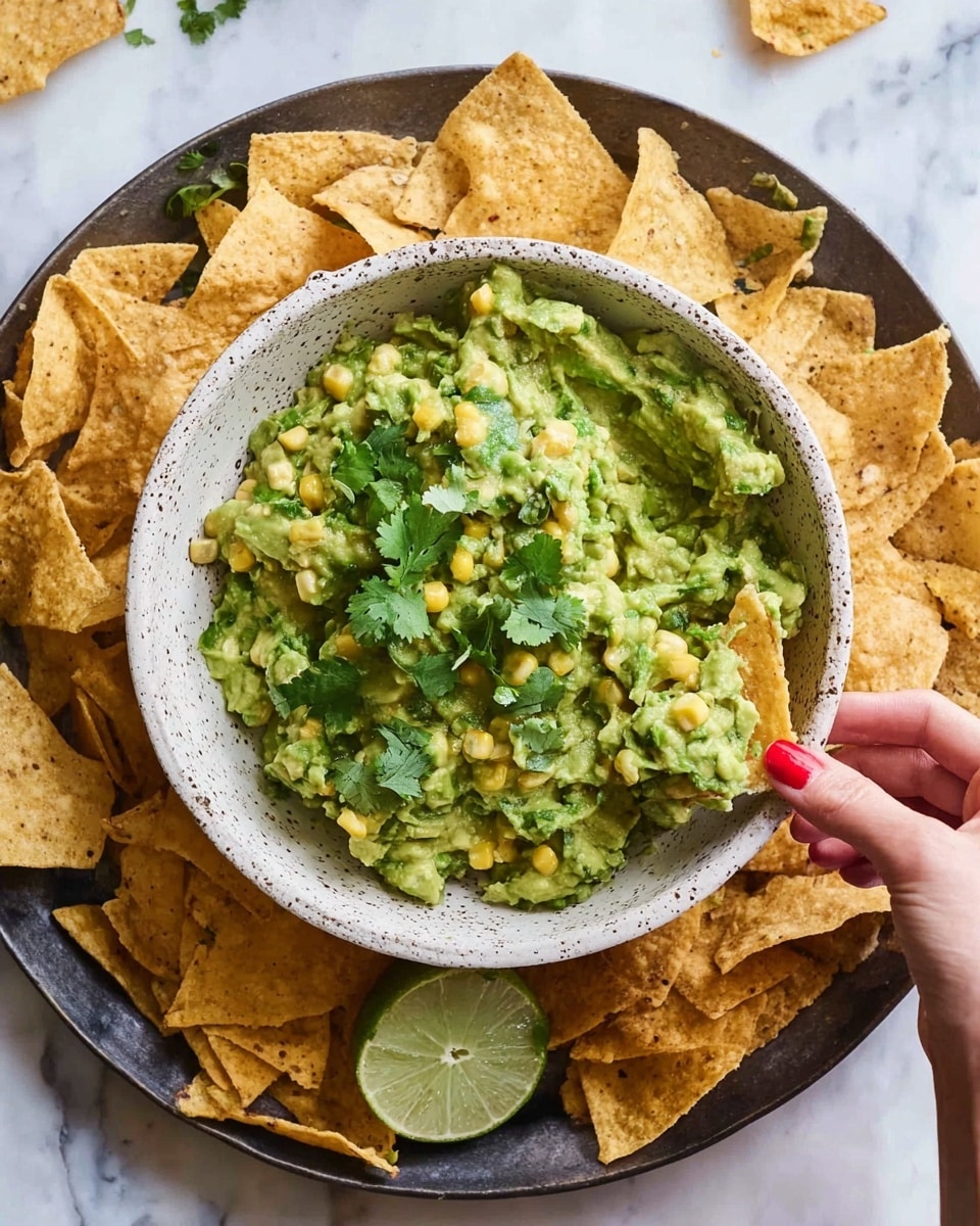 A white speckled bowl filled with chunky green guacamole that has visible bits of yellow corn and is topped with fresh green cilantro leaves. The bowl sits in the center of a large dark round tray filled with golden brown tortilla chips scattered around it, some chips broken and some whole. A wedge of lime rests among the tortilla chips on the tray. A woman's hand with red nail polish holds one chip, dipping it into the guacamole. The background is a white marbled surface. photo taken with an iphone --ar 4:5 --v 7