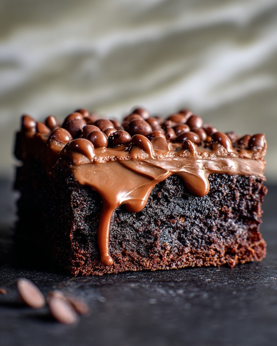 The image shows a close-up side view of a single chocolate brownie slice on a dark surface, with a white marbled texture background. The brownie has two distinct layers: the bottom layer is dense and dark brown with a moist texture, and the top layer is a thick, smooth, milk chocolate sauce dripping slightly over the sides. The sauce is studded with many small, shiny chocolate chips, giving a bumpy texture on top. The brownie slice looks rich and soft, with a shiny surface and some chocolate chips scattered around the base. Photo taken with an iphone --ar 4:5 --v 7