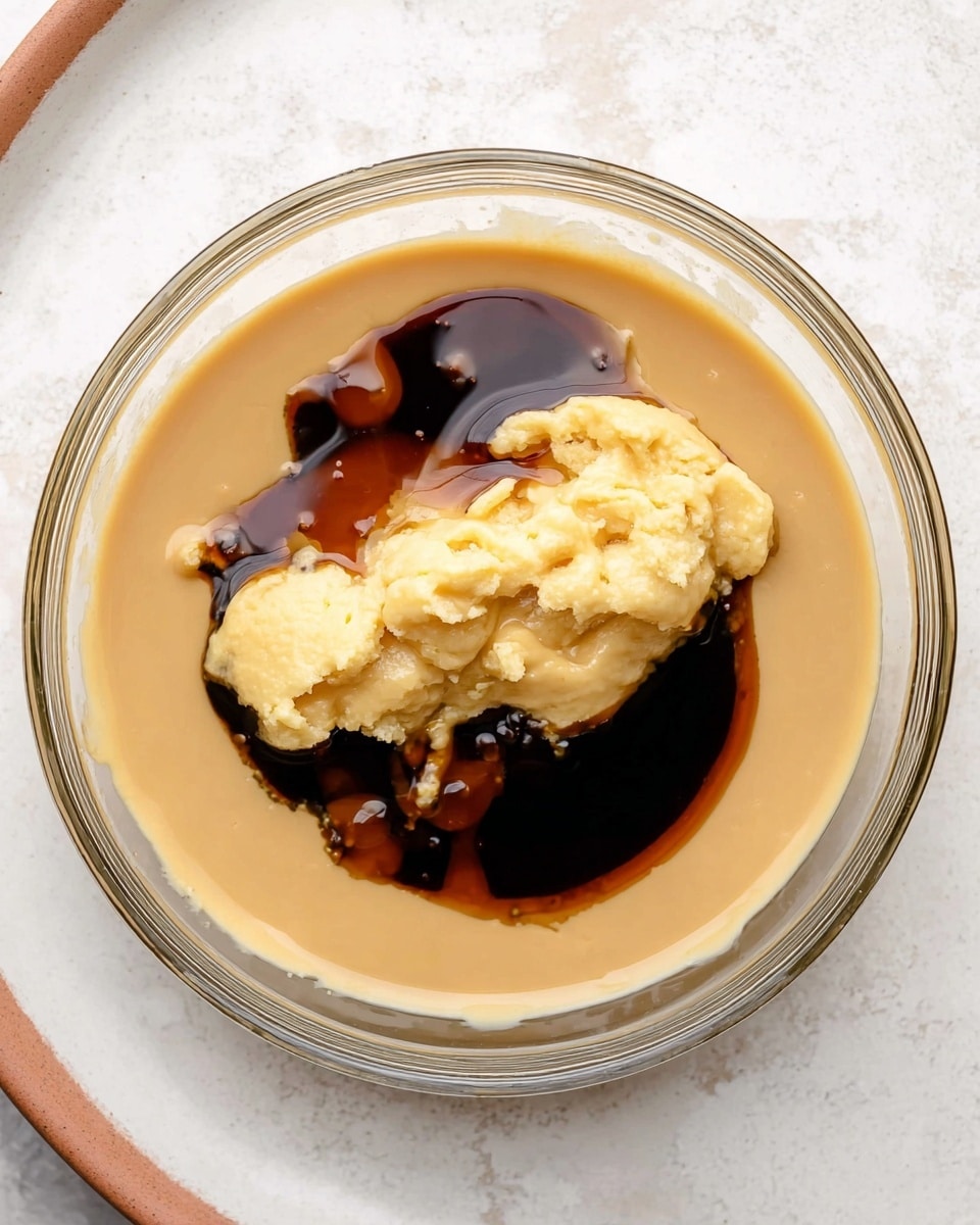 A clear glass bowl sits on a white marbled surface, filled with a light brown creamy liquid layer that covers most of the bowl's bottom. On top of this outer layer lies a chunky pale yellow mass with a soft texture, partly soaked in dark brown liquid that pools around it unevenly, creating a slight contrast between the pale yellow and dark brown. The dark brown liquid has a glossy look and is mostly gathered on one side of the pale yellow mass, blending gently into the light brown base layer. photo taken with an iphone --ar 4:5 --v 7