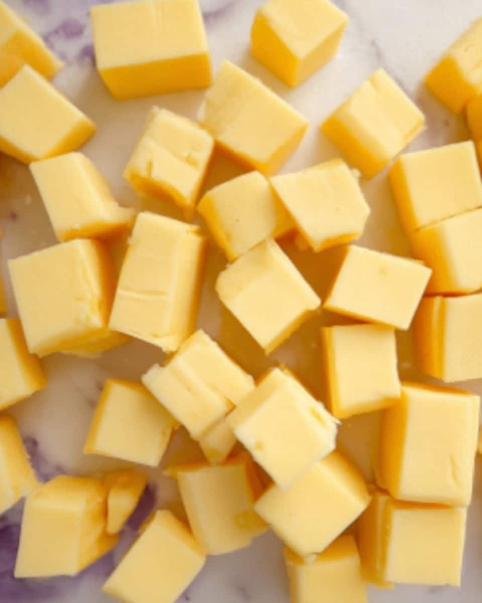 The image shows many small cubes of yellow cheese placed close together on a white marbled surface. The cheese cubes have smooth edges and a firm texture that makes them look fresh and neat. The cubes are arranged randomly, some with slight shadows, showing the cheese's smooth and creamy color. photo taken with an iphone --ar 4:5 --v 7
