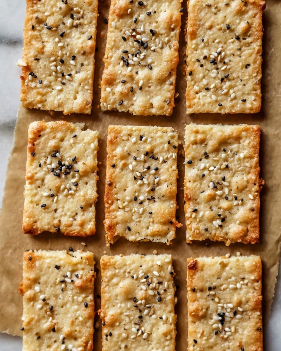The image shows close-up of nine rectangular crackers arranged neatly in three rows on brown parchment paper placed on a white marbled surface. Each cracker is light golden in color with a rough, grainy texture that suggests crispiness. They have small, uneven bubbles on the surface and are sprinkled with a mix of white sesame seeds, black sesame seeds, and small bits of dried garlic or onion. The edges of the crackers have small cracks, adding to their rustic look. The lighting is soft, highlighting the crunchy texture and sprinkled toppings photo taken with an iphone --ar 4:5 --v 7