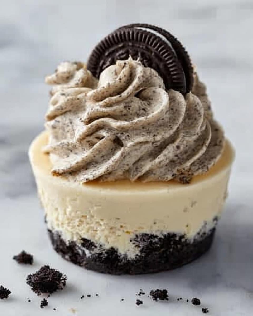 A three-layered cupcake is shown on a white marbled surface scattered with small cookie crumbs. The bottom layer is dark black with a crumbly cookie crust texture, the middle layer is creamy white and smooth, and the top layer is thick light brown cream mixed with tiny cookie bits, swirled high above the cupcake. A single whole dark cookie piece is placed at the peak of the cream. The scene is softly lit and focused on the front cupcake, showing clear texture details. Photo taken with an iphone --ar 4:5 --v 7