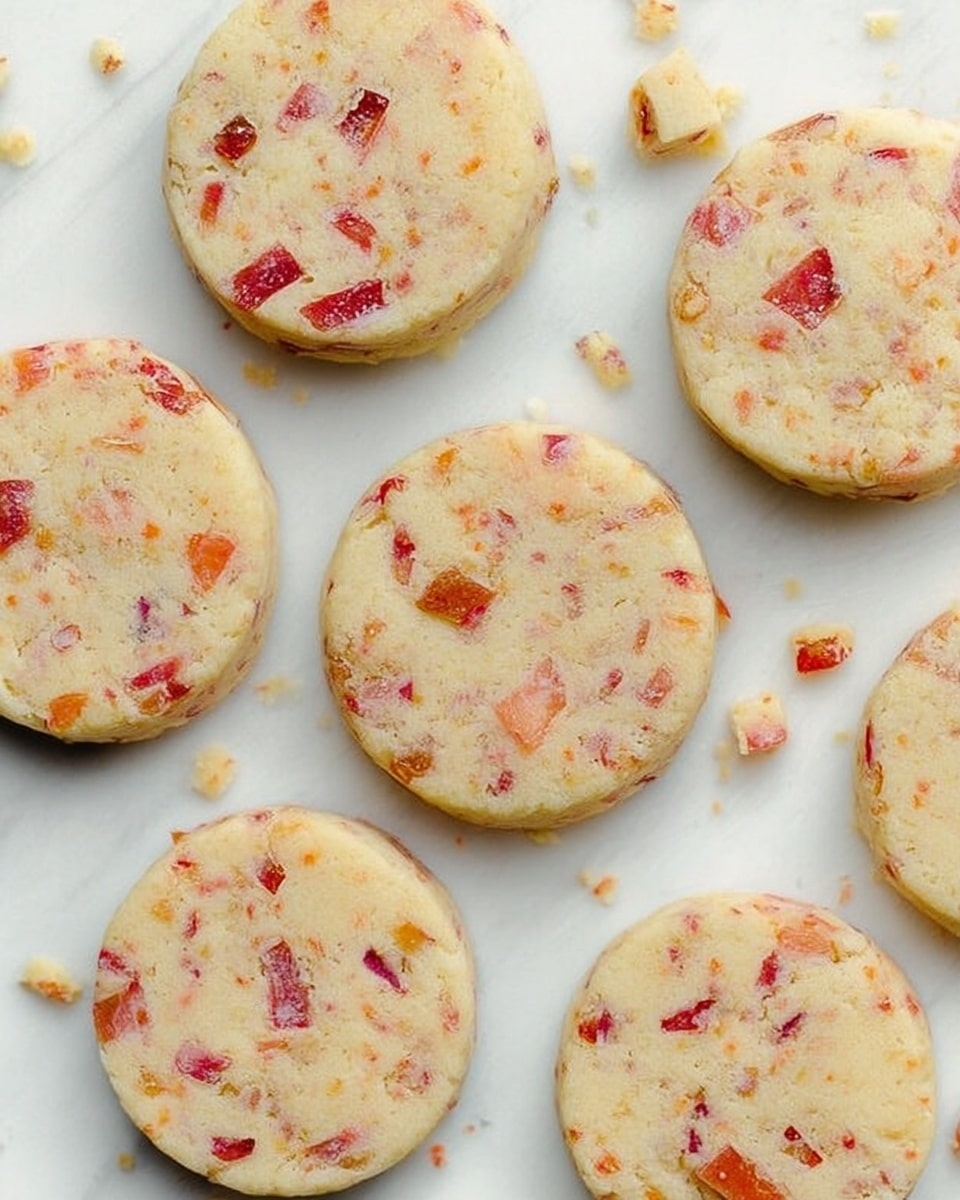 The image shows several round cookies spread out on a white marbled surface. Each cookie has a light beige color with small pieces of red and orange fruit mixed evenly throughout the dough. The cookies are thick and smooth with a soft texture, and some crumbs are scattered around them, adding to the casual look. The light shines softly on the cookies, making the colors of the fruit pieces stand out nicely. photo taken with an iphone --ar 4:5 --v 7