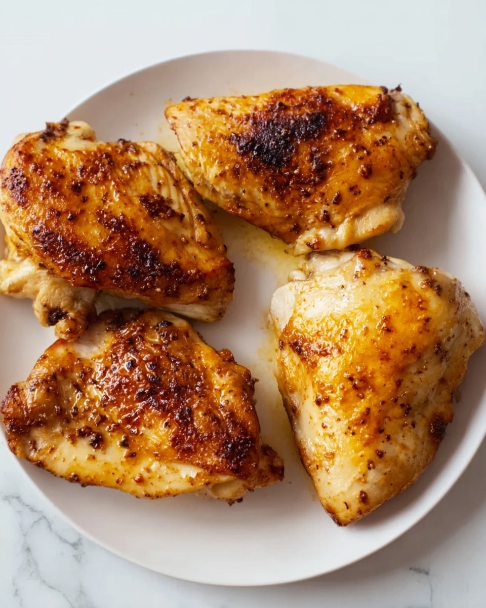 The image shows four pieces of cooked chicken with a golden-brown, slightly crispy skin, placed on a white plate. The chicken pieces have some dark brown spice spots and appear juicy, with a slight shine from the cooking oil. The white plate rests on a white marbled surface, clean and simple. There are no other items on the plate or in the background. photo taken with an iphone --ar 4:5 --v 7