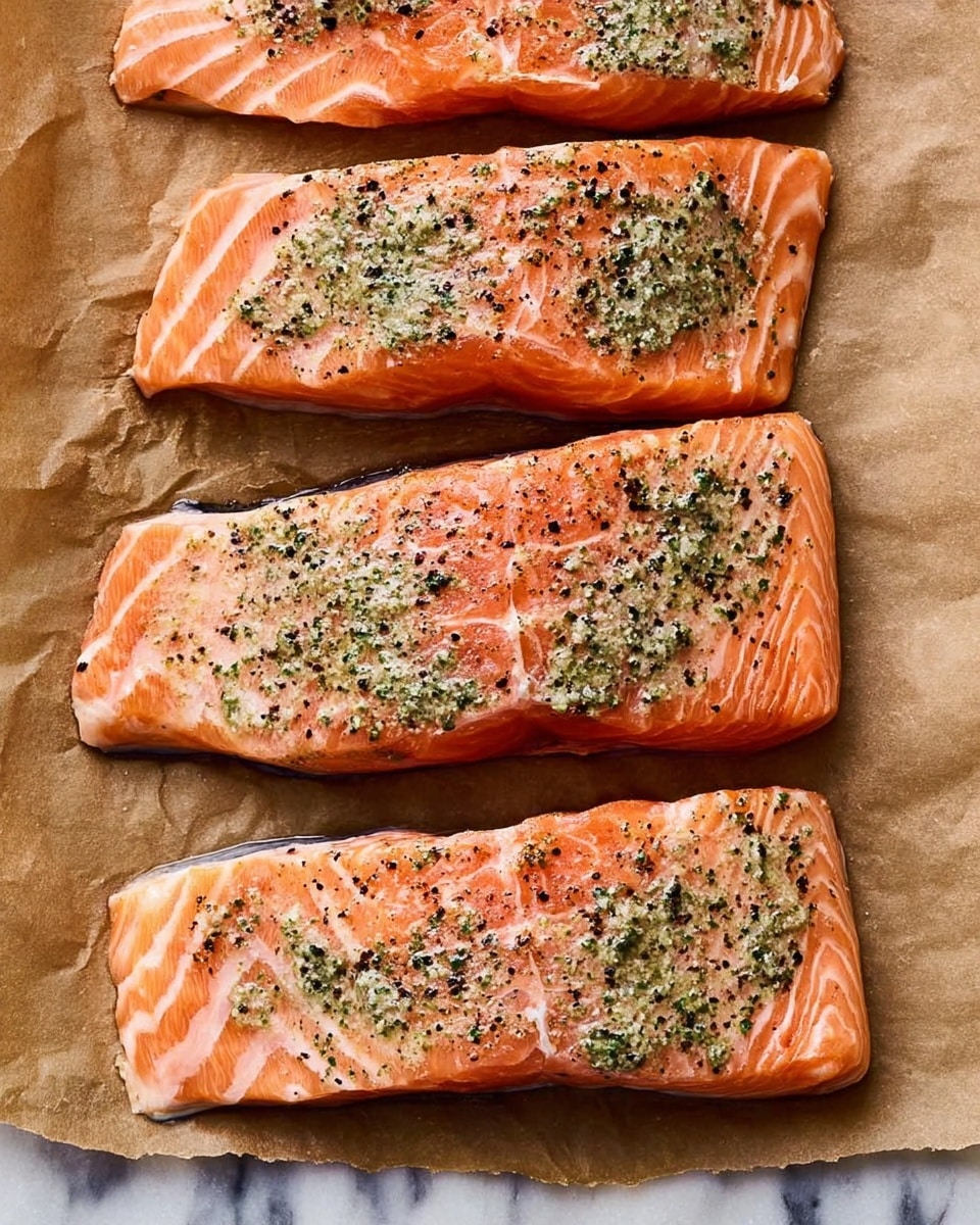 Four raw salmon fillets are placed side by side on a piece of brown parchment paper over a white marbled surface. Each fillet showcases a vibrant orange-pink color with white fat lines creating a natural striped texture. A green herb mixture with black pepper is sprinkled evenly on each fillet, giving them a fresh and slightly coarse appearance. The fish skin is dark gray and visible along the edges at the bottom of the fillets. The overall look is fresh and ready to cook, with a simple and clean background. photo taken with an iphone --ar 4:5 --v 7