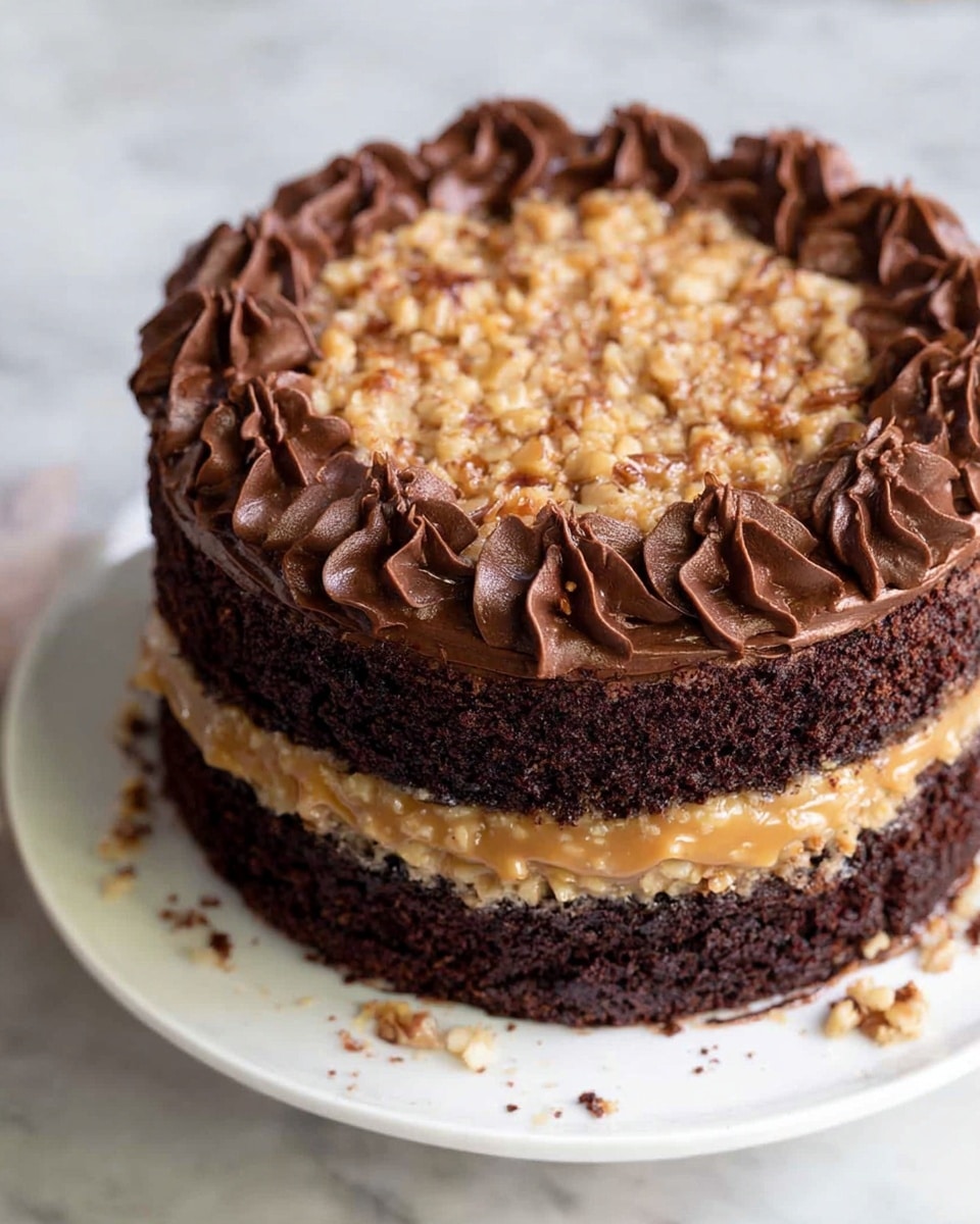 The image shows a two-layer chocolate cake with thick, dark brown chocolate cake layers. Between the layers, there is a light tan, nutty caramel topping that looks sweet and creamy. The top of the cake is covered with the same caramel and nut mixture, giving it a rough, textured look. Around the edge of the top, soft swirls of smooth chocolate frosting form a decorative border. The cake is placed on a white plate with a few crumbs scattered around it, and the white marbled surface is visible under the plate. Photo taken with an iphone --ar 4:5 --v 7