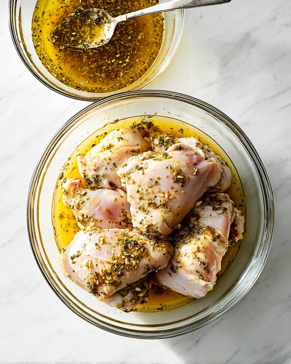 A clear glass bowl contains five pale pink raw chicken pieces with skin, covered in a golden-yellow herb marinade with visible bits of garlic and green herbs, pooling around the chicken at the bottom. Above it, there is a smaller clear glass bowl filled with more of the golden-yellow herb marinade, and a silver spoon resting inside, coated with bits of herbs. Both bowls sit on a white marbled surface. The lighting is bright and natural, showing detailed textures in the chicken skin and marinade photo taken with an iphone --ar 4:5 --v 7