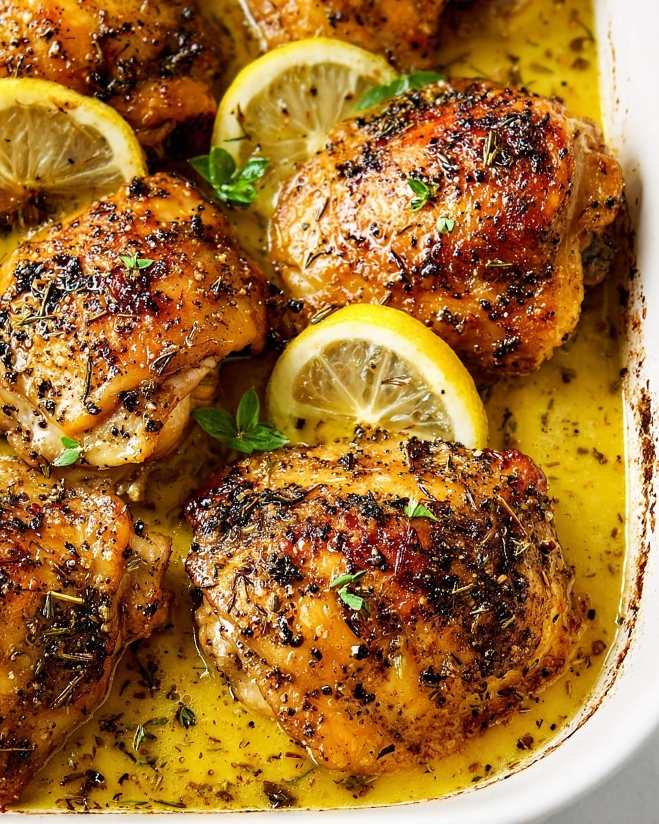 A close-up view of five golden brown roasted chicken thighs with crispy skin, covered in black pepper and dried herbs, resting in a shallow pool of light yellow sauce inside a white baking dish. Two thin lemon slices with a translucent texture lay on top of the sauce near the chicken, along with small green herb leaves scattered around. The edges of the baking dish show some browned bits from cooking, and the whole scene is set against a white marbled background. photo taken with an iphone --ar 4:5 --v 7