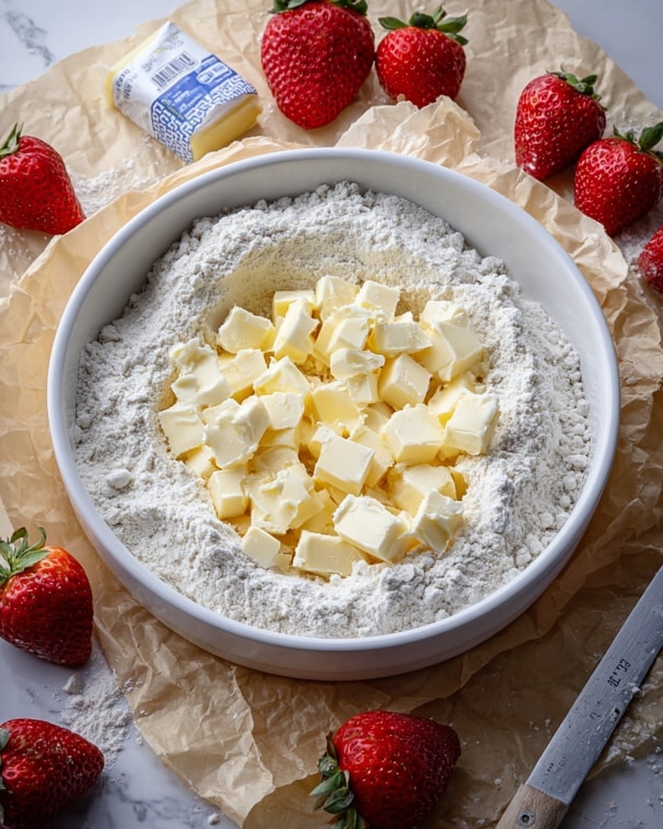 A white bowl filled with a white flour mixture forming a ring shape with a hollow center, inside which many small cubes of pale yellow butter are placed. The bowl is on crumpled light brown parchment paper, with a white marbled surface underneath. Around the bowl, there are five bright red strawberries with green tops, a butter wrapper, and a knife with butter remnants on its blade. Photo taken with an iphone --ar 4:5 --v 7