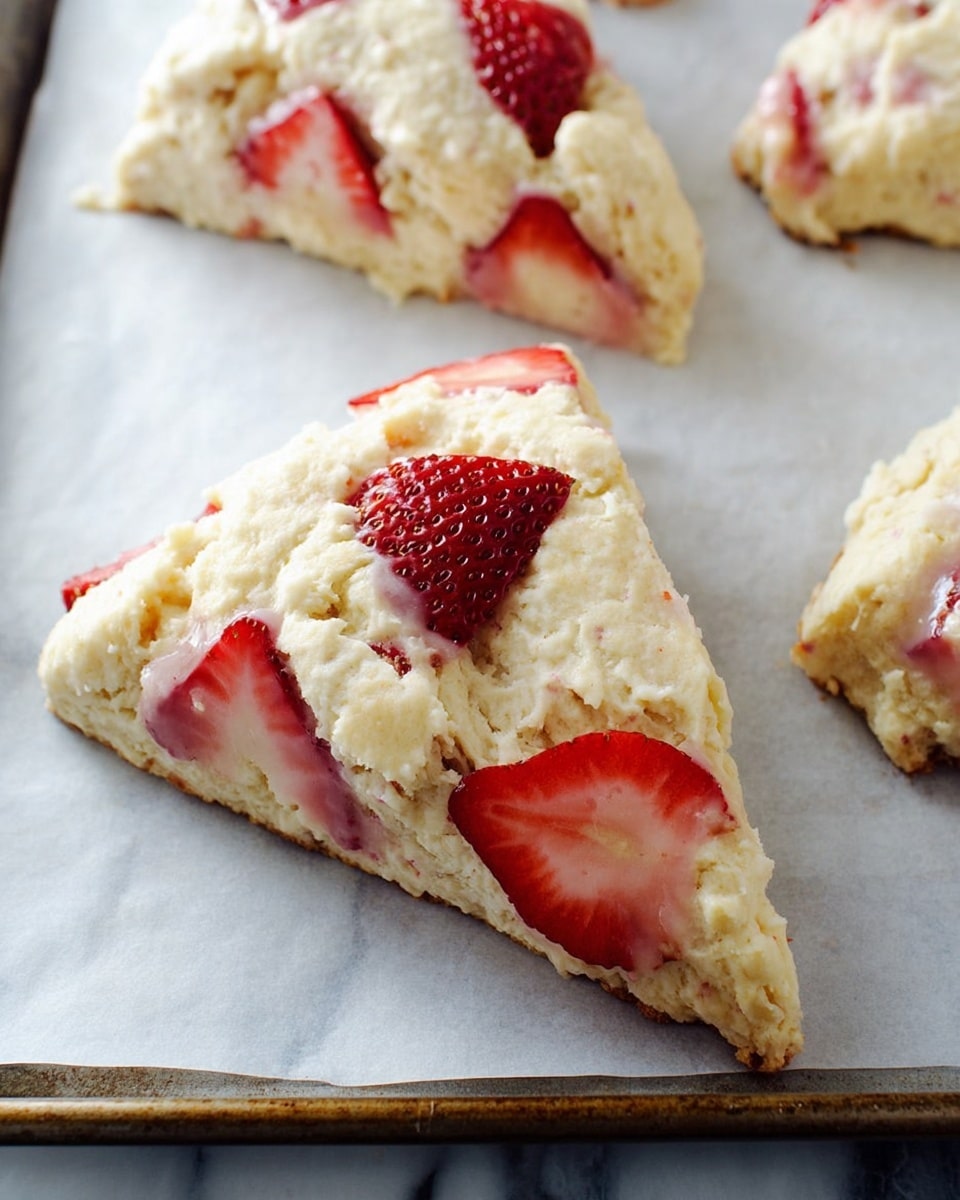 The image shows one triangular piece of scone dough with fresh strawberry slices mixed in and a few whole slices on top, resting on white parchment paper over a baking tray. The dough is pale cream-colored with a soft and slightly lumpy texture. The strawberry pieces are bright red with visible seeds, adding a fresh contrast to the dough. The background is a white marbled surface that adds a clean look to the scene. photo taken with an iphone --ar 4:5 --v 7