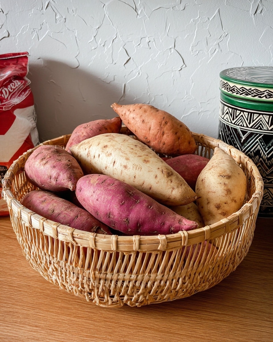 A round wicker basket filled with sweet potatoes of different colors and sizes sits on a wooden surface. The potatoes show rough skins in shades of light brown, deep purple, and white with small marks and spots, layered naturally inside the basket. On the left side, a red and white flour bag is partly visible, and on the right side, there is a container with a green lid and decorated with black and white geometric patterns. The background has a smooth white marbled texture wall. photo taken with an iphone --ar 4:5 --v 7