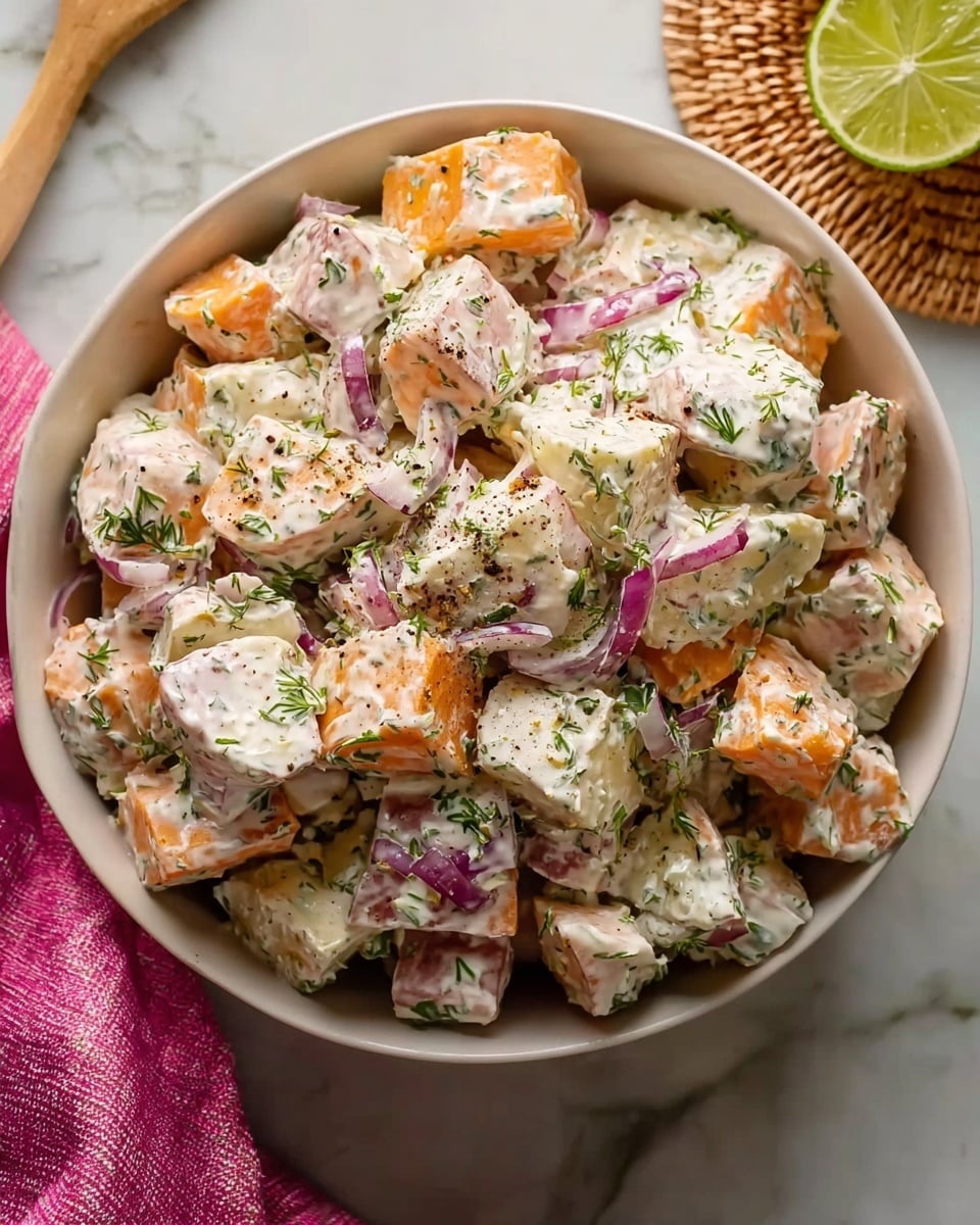 A bowl filled with a creamy salad made of large cubes of orange and white vegetables, likely sweet potatoes and potatoes, mixed with small pieces of red onion and finely chopped green herbs spread evenly throughout. The salad is thickly coated with white dressing, with specks of black pepper and herbs on top. The bowl is white and sits on a white marbled surface next to a pink cloth, with a small round woven coaster holding a half-cut lime visible in the upper right corner. Photo taken with an iphone --ar 4:5 --v 7