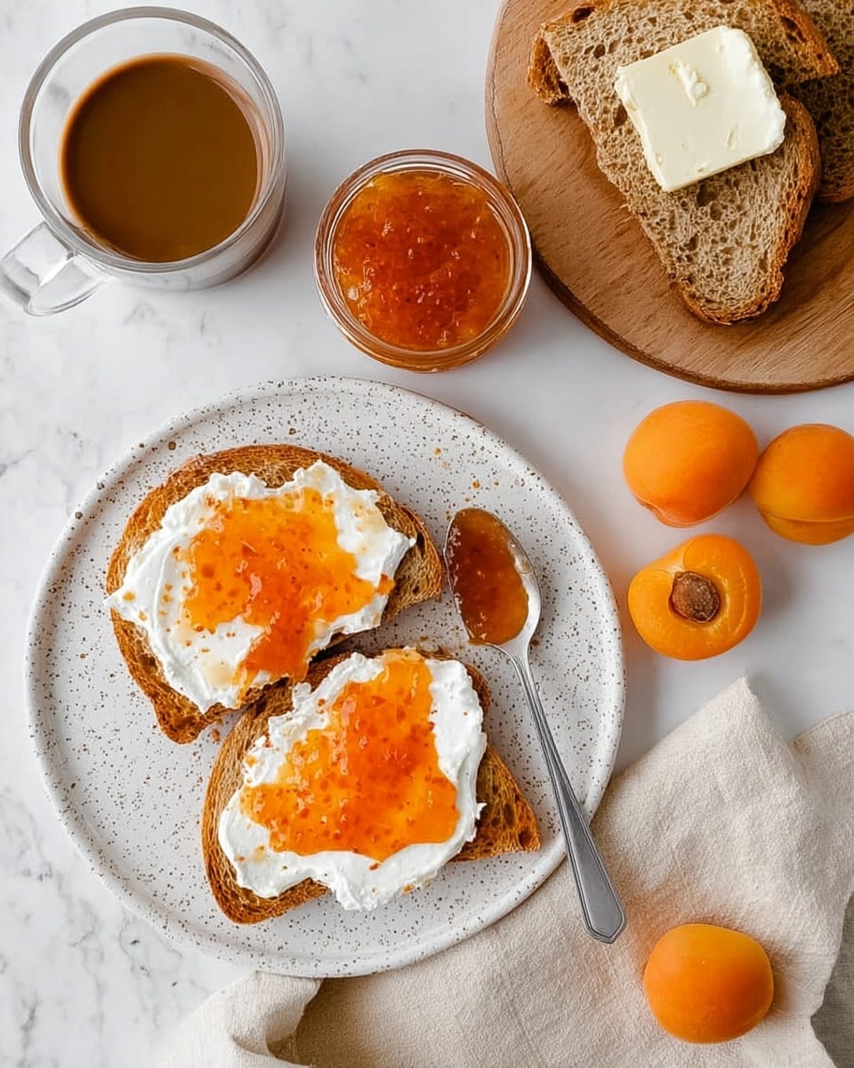 The image shows two slices of toasted bread on a white speckled plate, each topped with a thick white spread and an orange fruit jam layer on top. A silver spoon with some jam rests on the plate between the slices. Nearby, there is a clear glass cup filled with brown coffee and a small jar of orange fruit jam. To the upper right, pieces of rustic toasted bread rest on a wooden board, with one slice topped with a square block of butter. There are halved fresh orange apricots placed on a light beige cloth near the plate. The surface is a white marbled texture, and the overall look is bright and fresh. photo taken with an iphone --ar 4:5 --v 7
