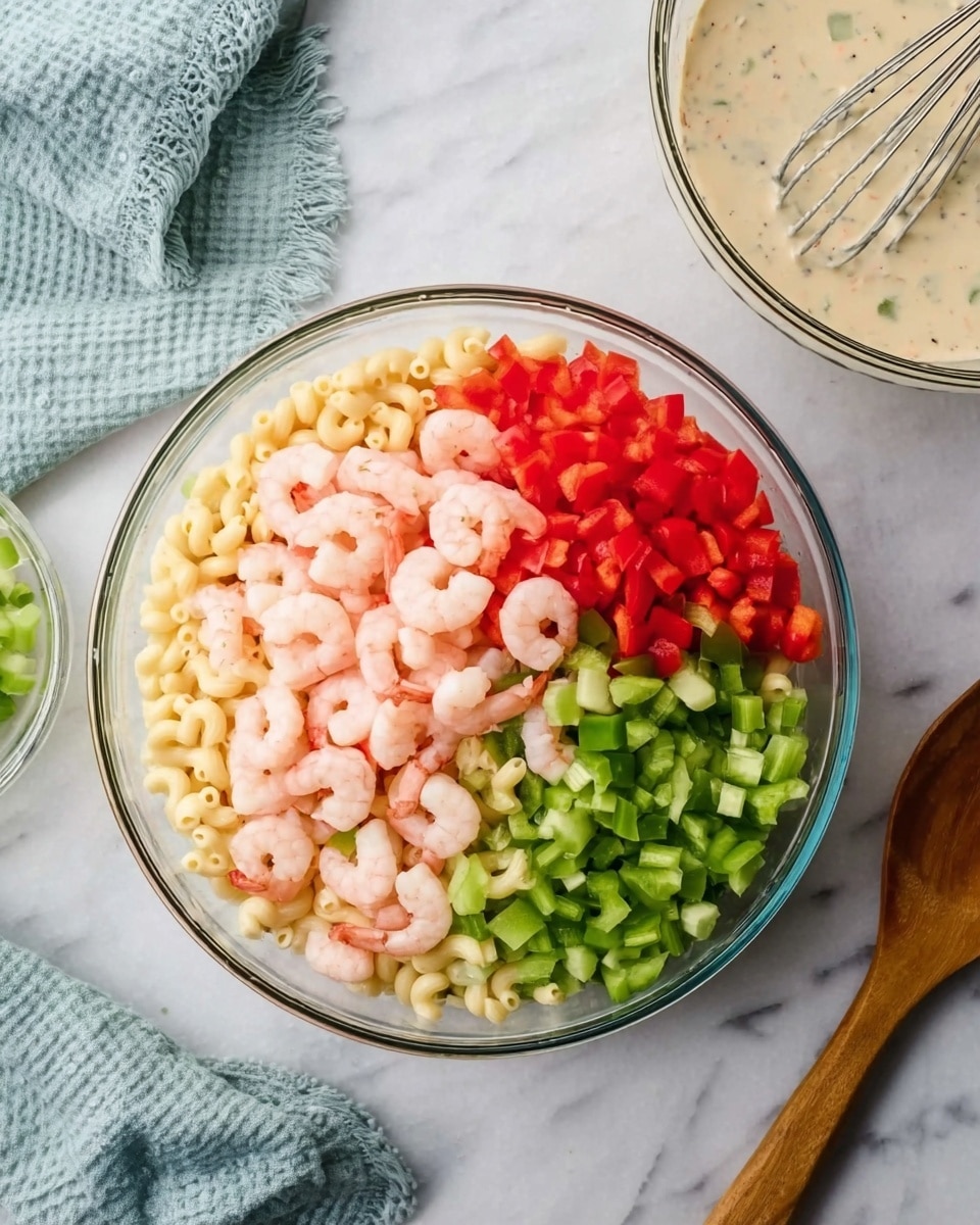A clear glass bowl sits on a white marbled surface holding a colorful layered salad. The base layer is pale yellow elbow macaroni, topped with four distinct sections: bright pink cooked shrimp piled at the top left, finely chopped red bell peppers on the right, chopped light green celery at the bottom right, and chopped dark green bell peppers at the bottom left. Next to the bowl on the right is another clear glass bowl with a creamy beige dressing and a silver whisk inside. A light blue cloth lies on the top left of the frame, and a wooden spoon is placed on the bottom right corner of the surface. photo taken with an iphone --ar 4:5 --v 7