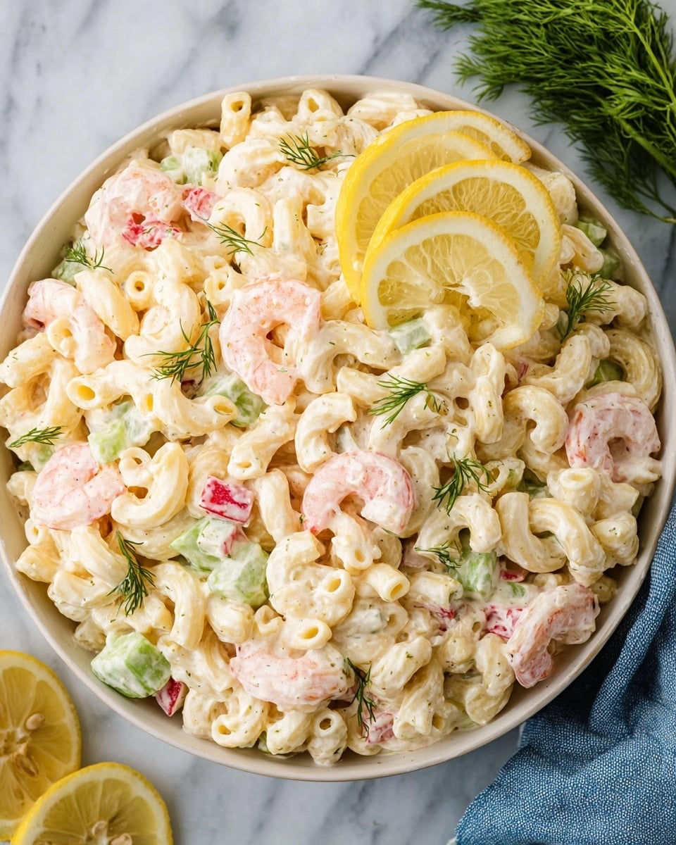 A large white bowl filled with creamy macaroni pasta mixed evenly with small pink shrimp, diced red bell peppers, and chopped celery pieces. There are fresh lemon slices placed on top, along with small green dill leaves scattered over the dish. The creamy sauce coats all the ingredients, giving a smooth texture with a few black pepper specks visible. The bowl rests on a white marbled surface. photo taken with an iphone --ar 4:5 --v 7
