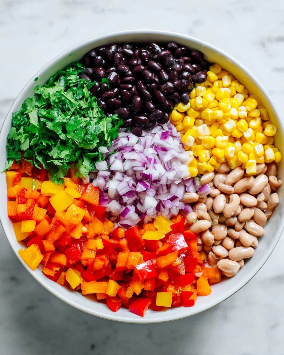 A white bowl on a white marbled surface holds a six-section layered salad. Starting from the top left, there are shiny black beans, next to them chopped green cilantro, and bright yellow corn. Below the corn are small chopped orange bell peppers. In the bowl's bottom right corner are beige beans with dark eyes. In the center is a pile of finely chopped purple and white onions, and to the left are bright red and orange diced bell peppers. The colors are vibrant and fresh. photo taken with an iphone --ar 4:5 --v 7